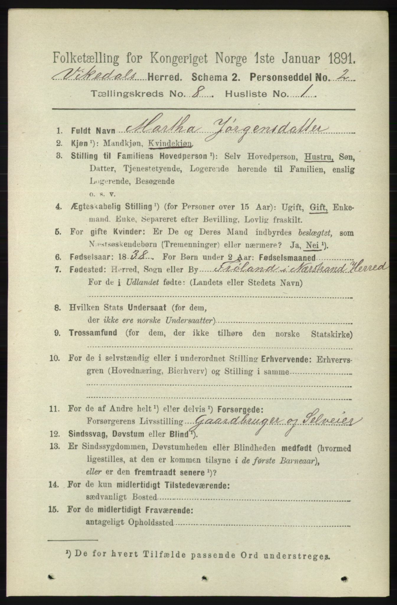 RA, 1891 census for 1157 Vikedal, 1891, p. 2224