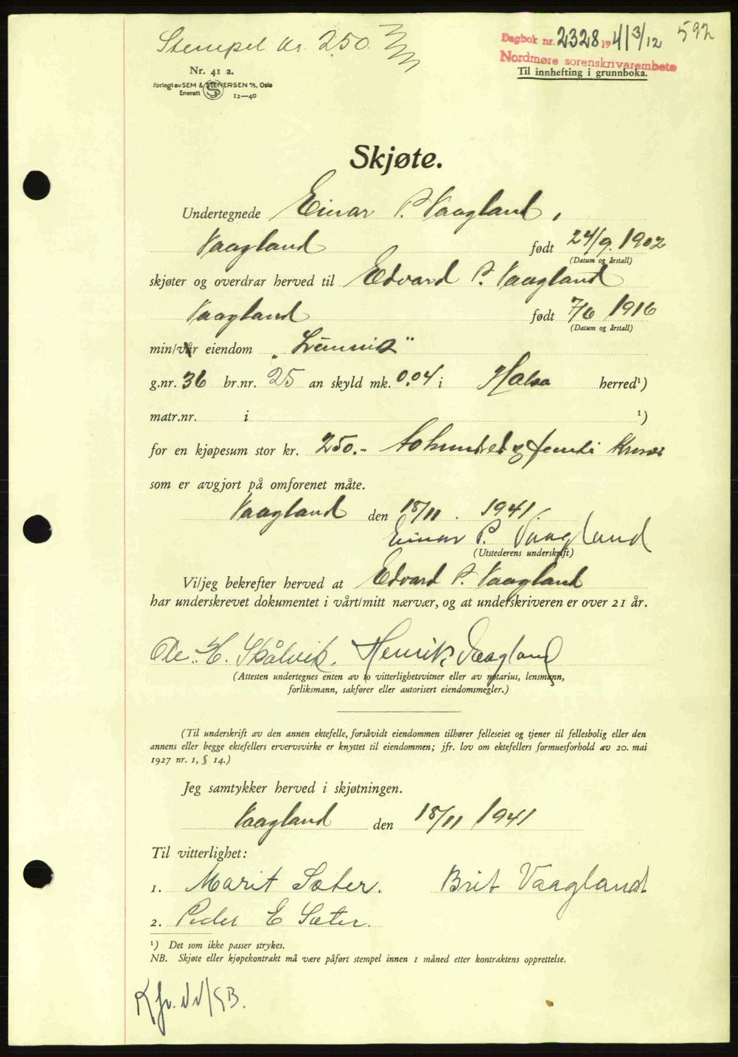 Nordmøre sorenskriveri, AV/SAT-A-4132/1/2/2Ca: Mortgage book no. A91, 1941-1942, Diary no: : 2328/1941