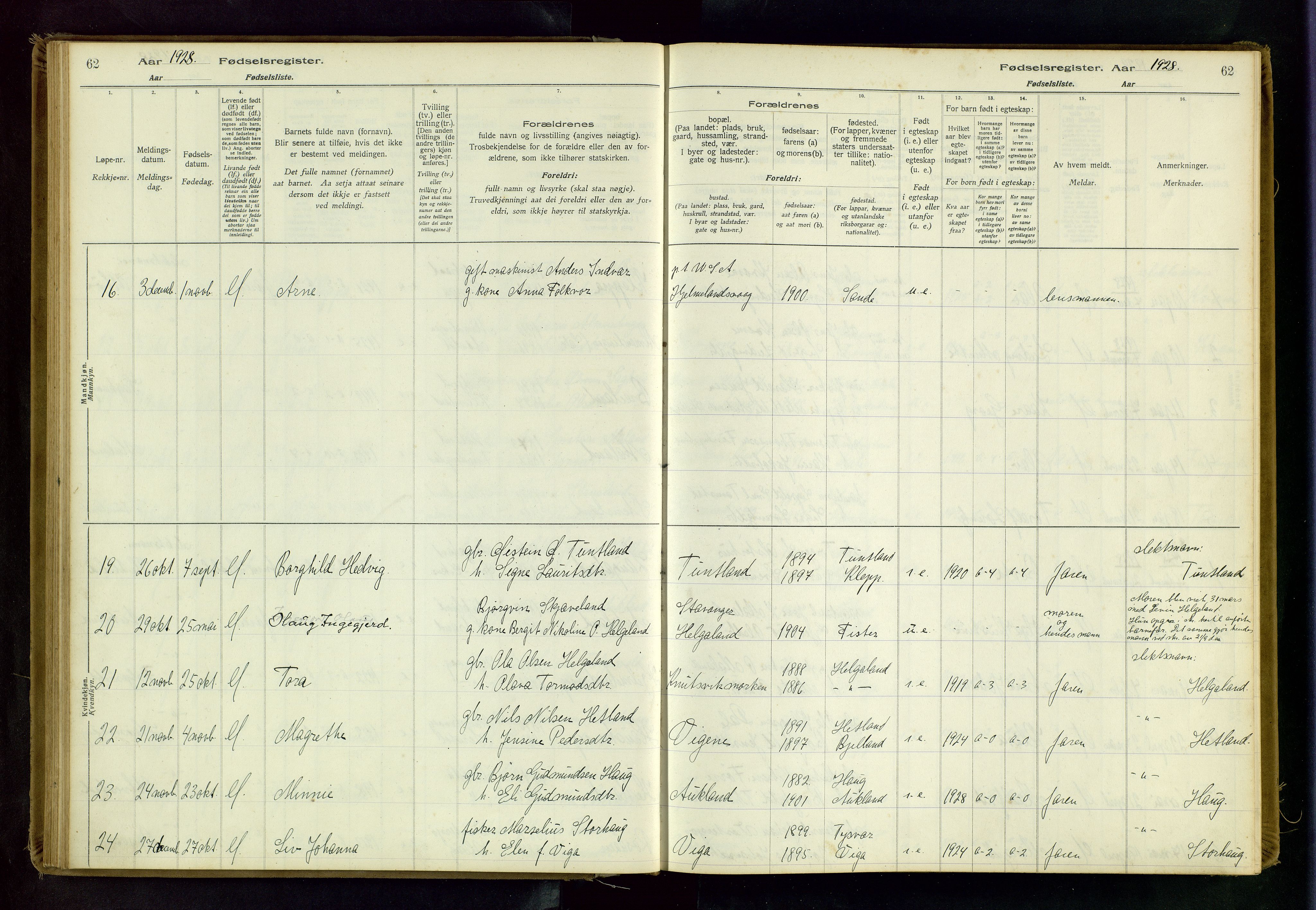 Hjelmeland sokneprestkontor, AV/SAST-A-101843/02/B/L0001: Birth register no. 1, 1916-1963, p. 62