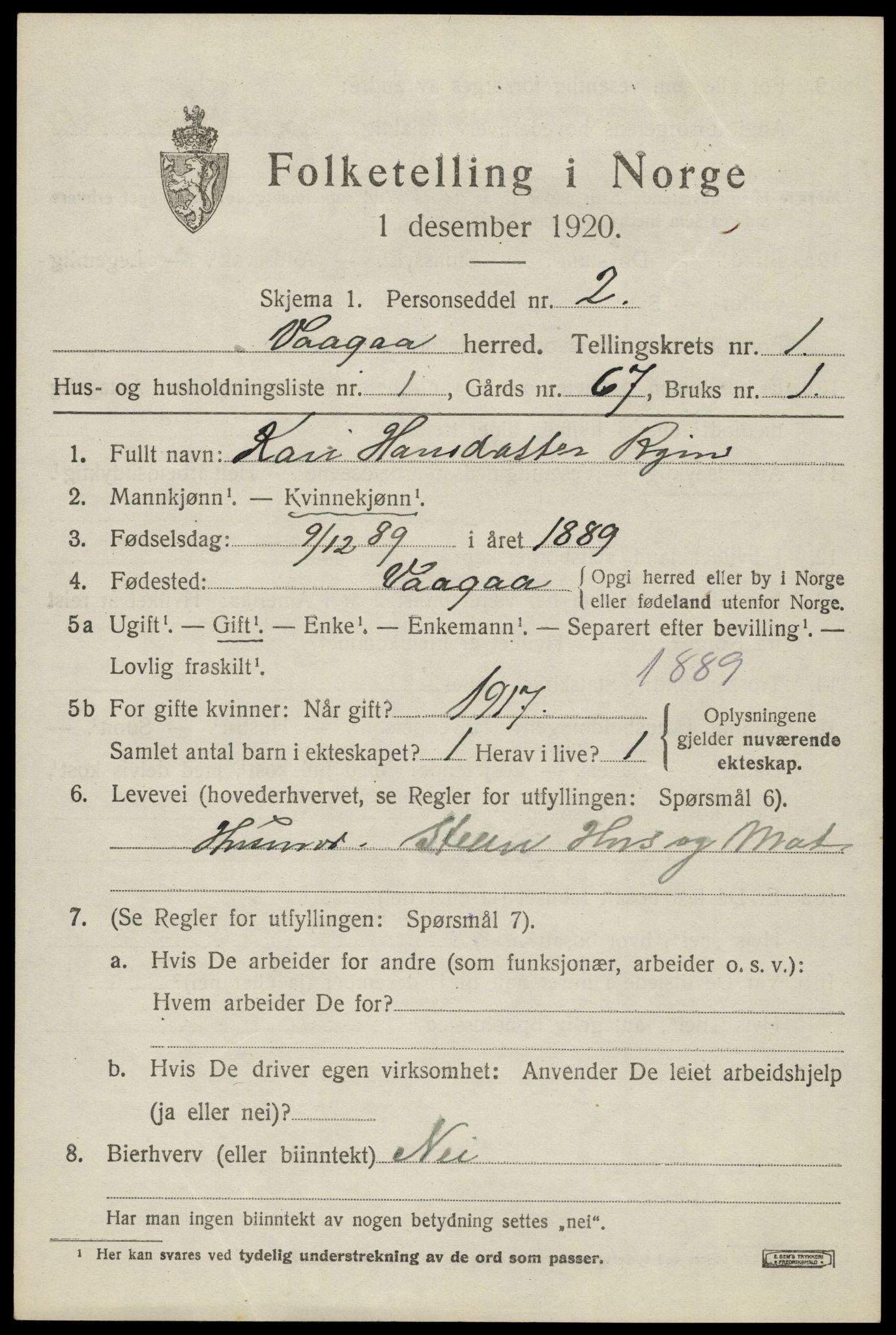 SAH, 1920 census for Vågå, 1920, p. 1280