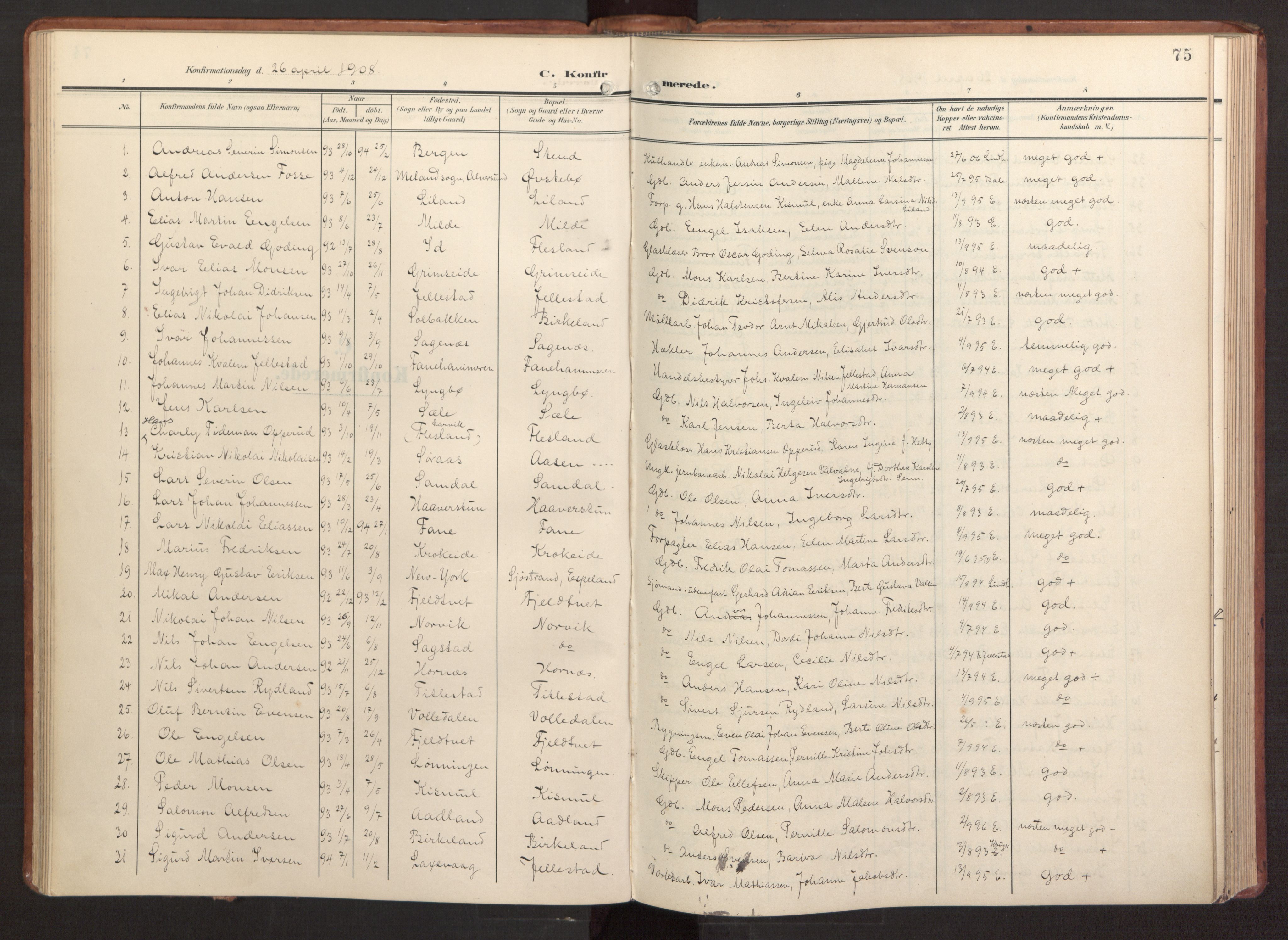 Fana Sokneprestembete, AV/SAB-A-75101/H/Haa/Haab/L0004: Parish register (official) no. B 4, 1908-1915, p. 75