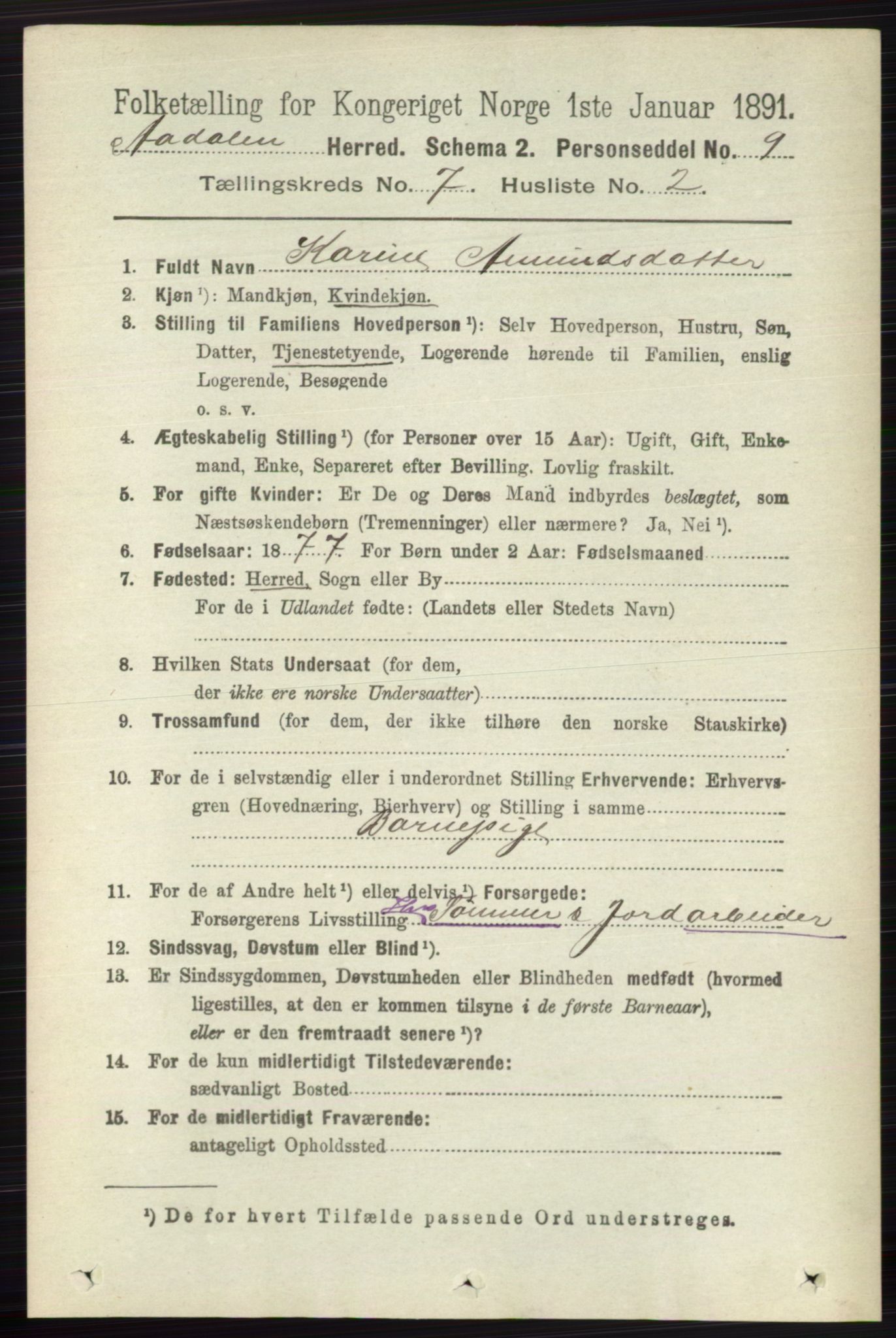 RA, 1891 census for 0614 Ådal, 1891, p. 3051