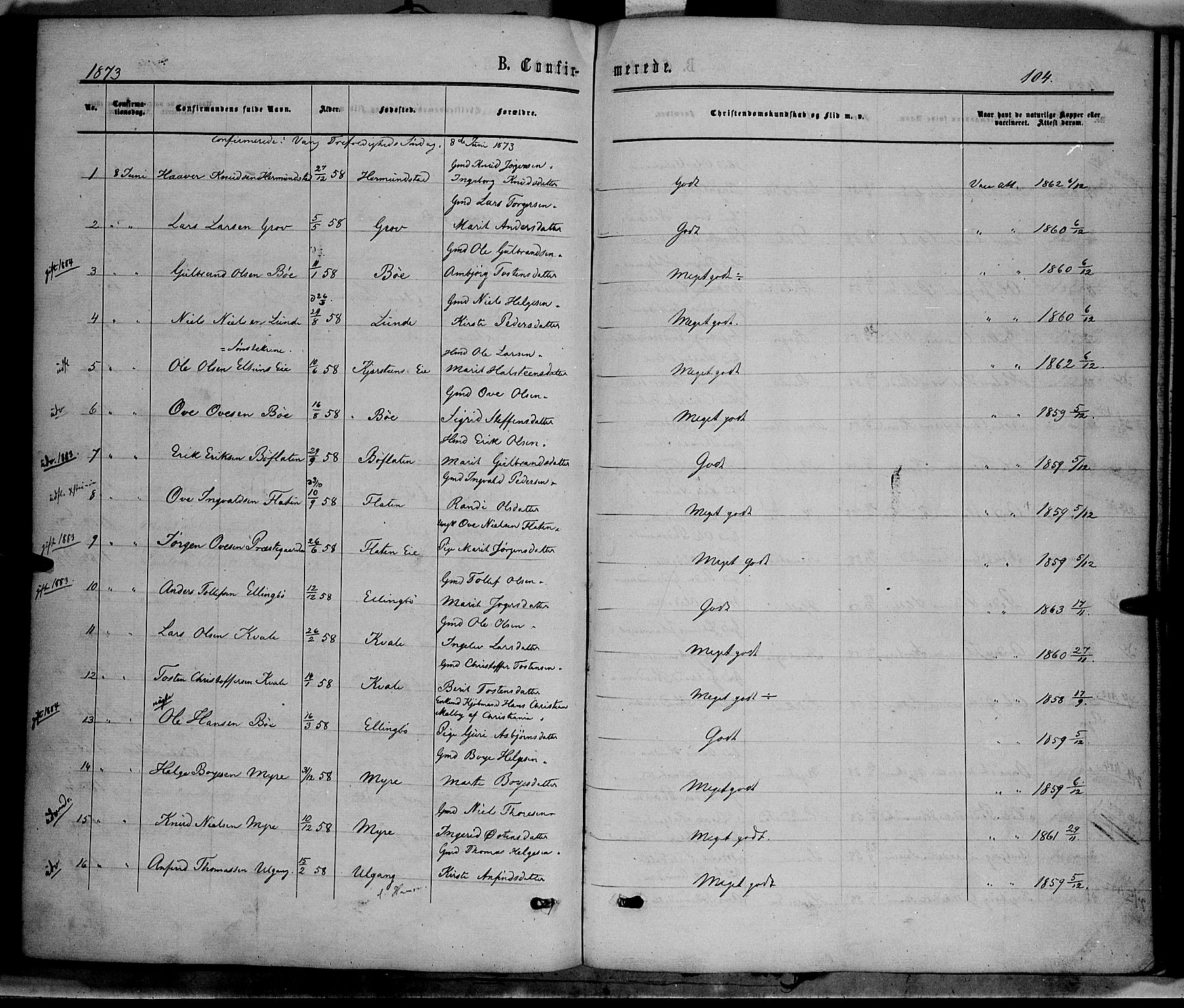 Vang prestekontor, Valdres, SAH/PREST-140/H/Ha/L0007: Parish register (official) no. 7, 1865-1881, p. 104
