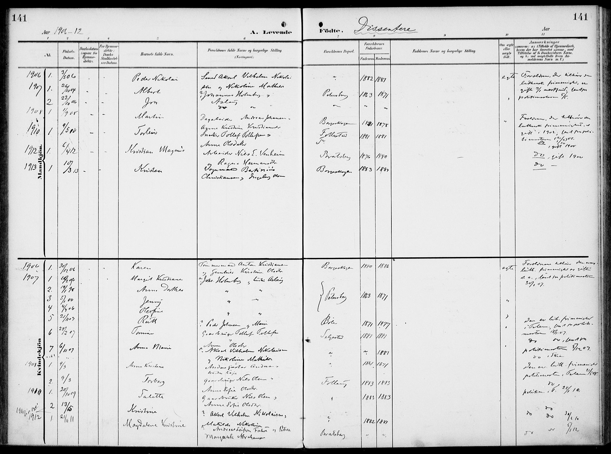 Gjerpen kirkebøker, SAKO/A-265/F/Fa/L0012: Parish register (official) no. I 12, 1905-1913, p. 141