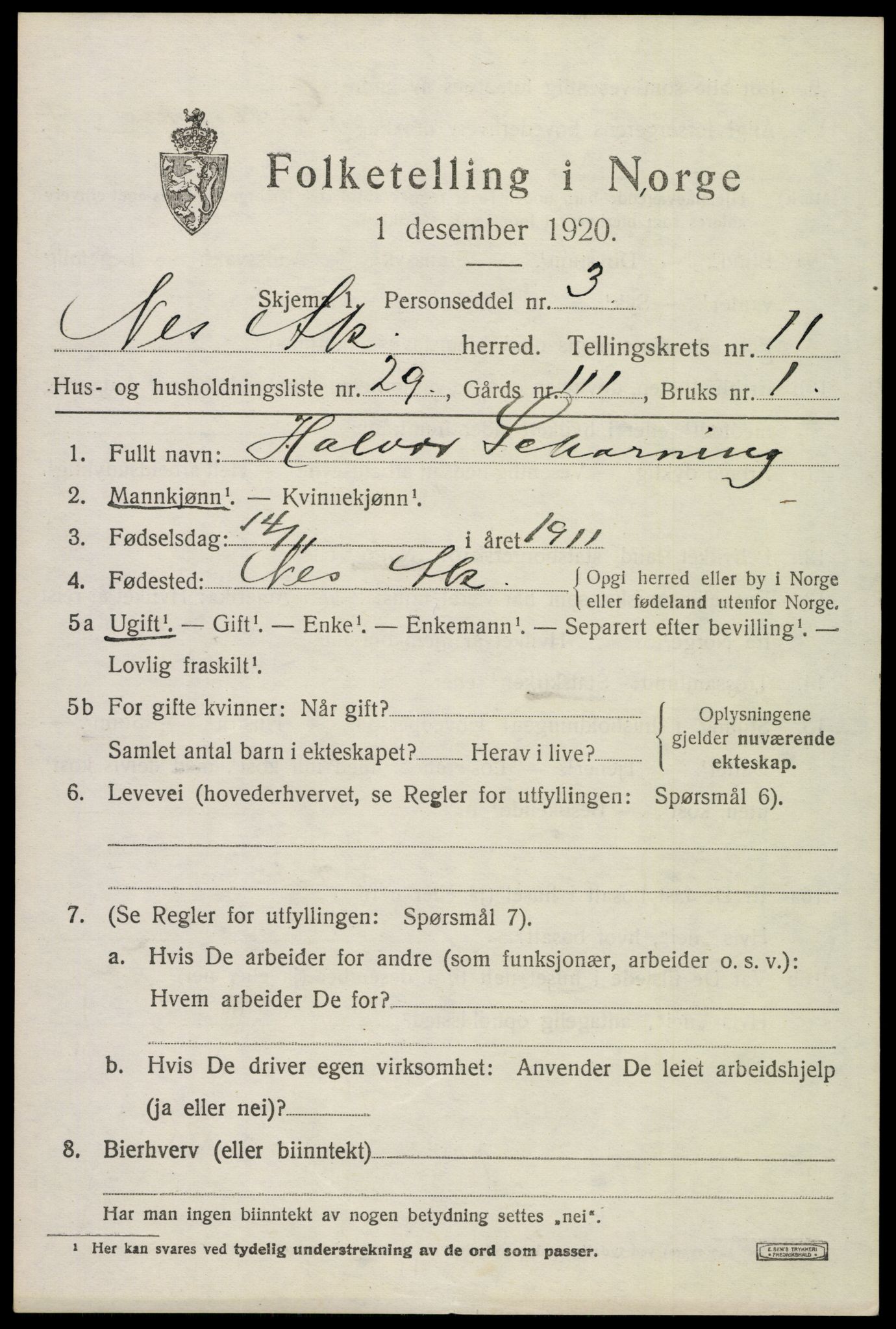 SAO, 1920 census for Nes, 1920, p. 11726