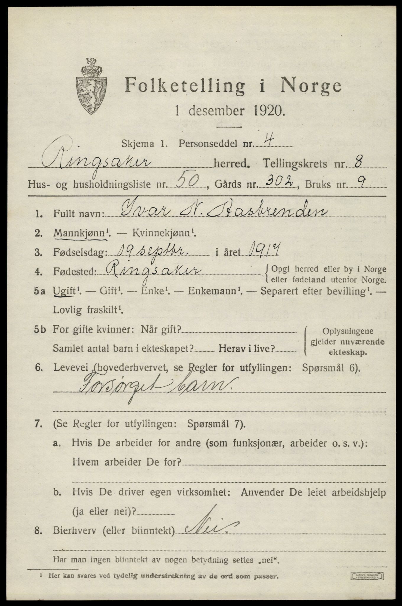 SAH, 1920 census for Ringsaker, 1920, p. 17504