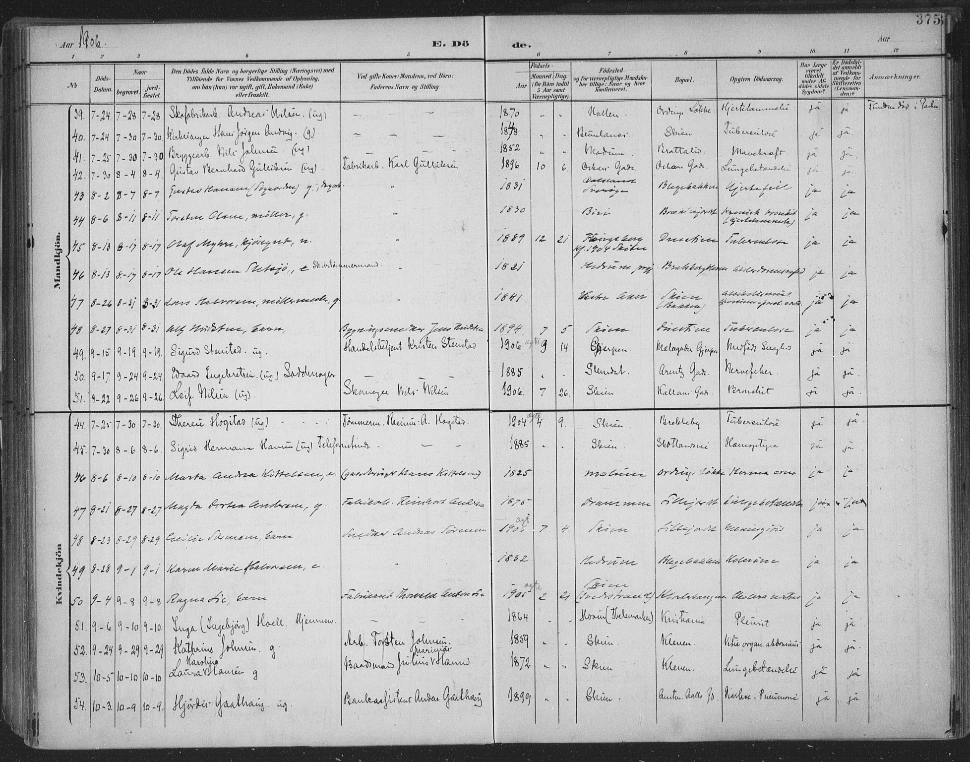 Skien kirkebøker, AV/SAKO-A-302/F/Fa/L0011: Parish register (official) no. 11, 1900-1907, p. 375