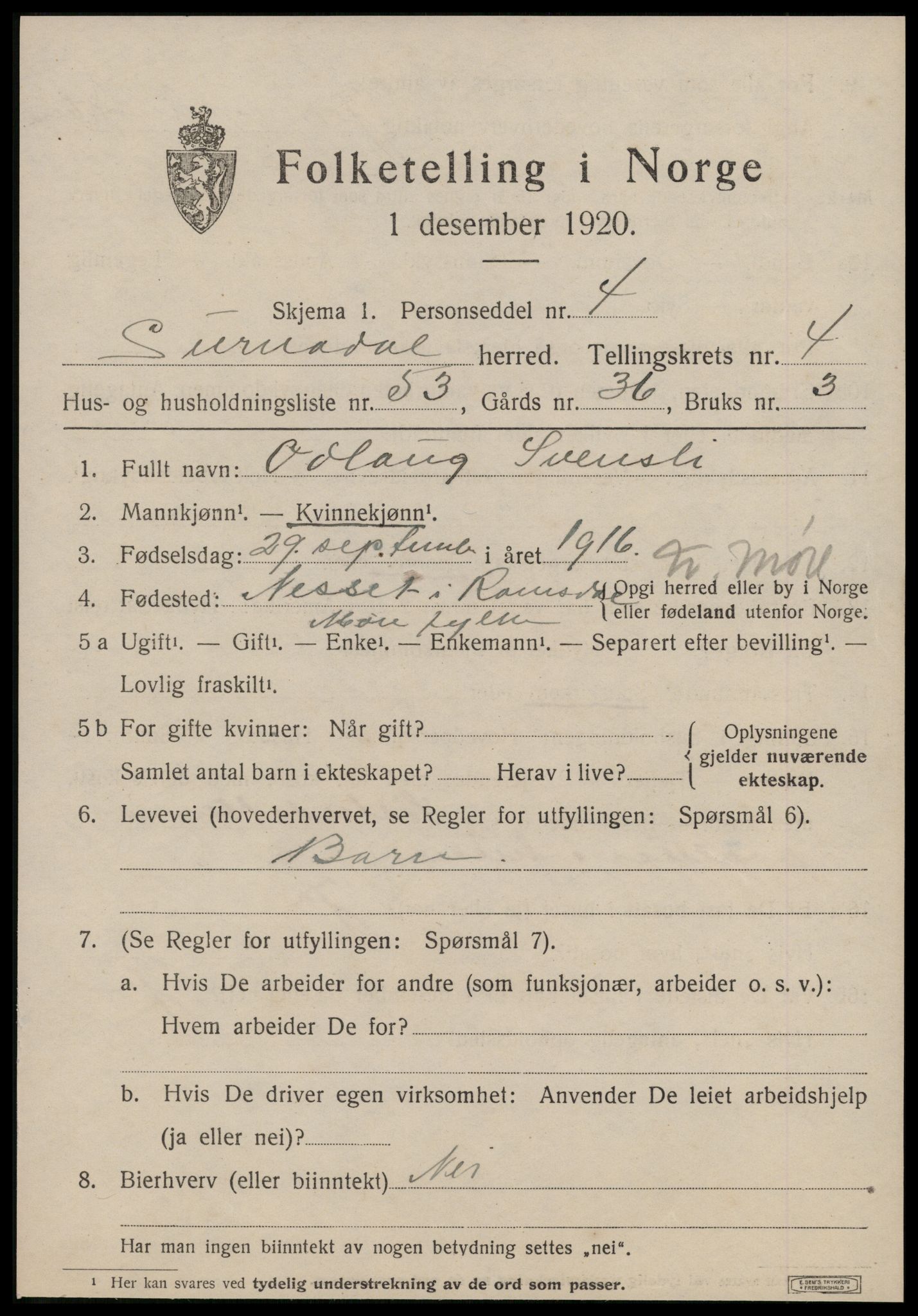 SAT, 1920 census for Surnadal, 1920, p. 3799