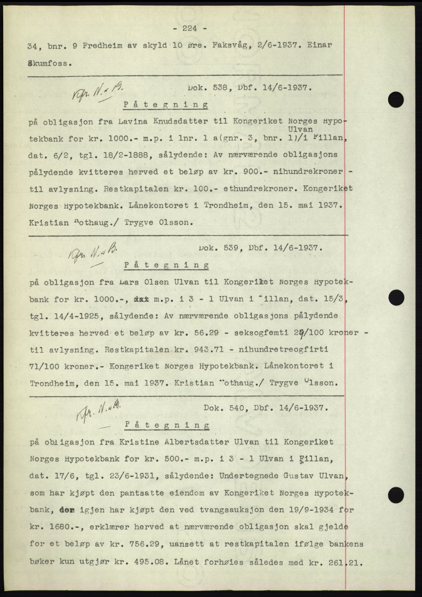 Hitra sorenskriveri, AV/SAT-A-0018/2/2C/2Ca: Mortgage book no. C1, 1936-1945, Diary no: : 538/1937