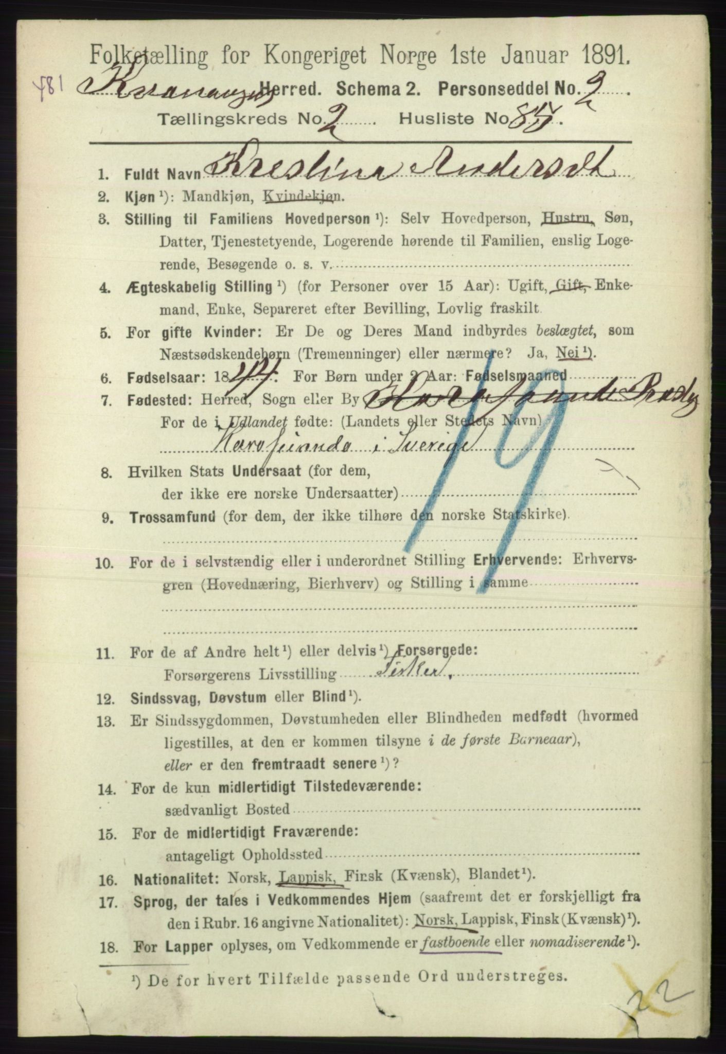 RA, 1891 census for 1943 Kvænangen, 1891, p. 1001