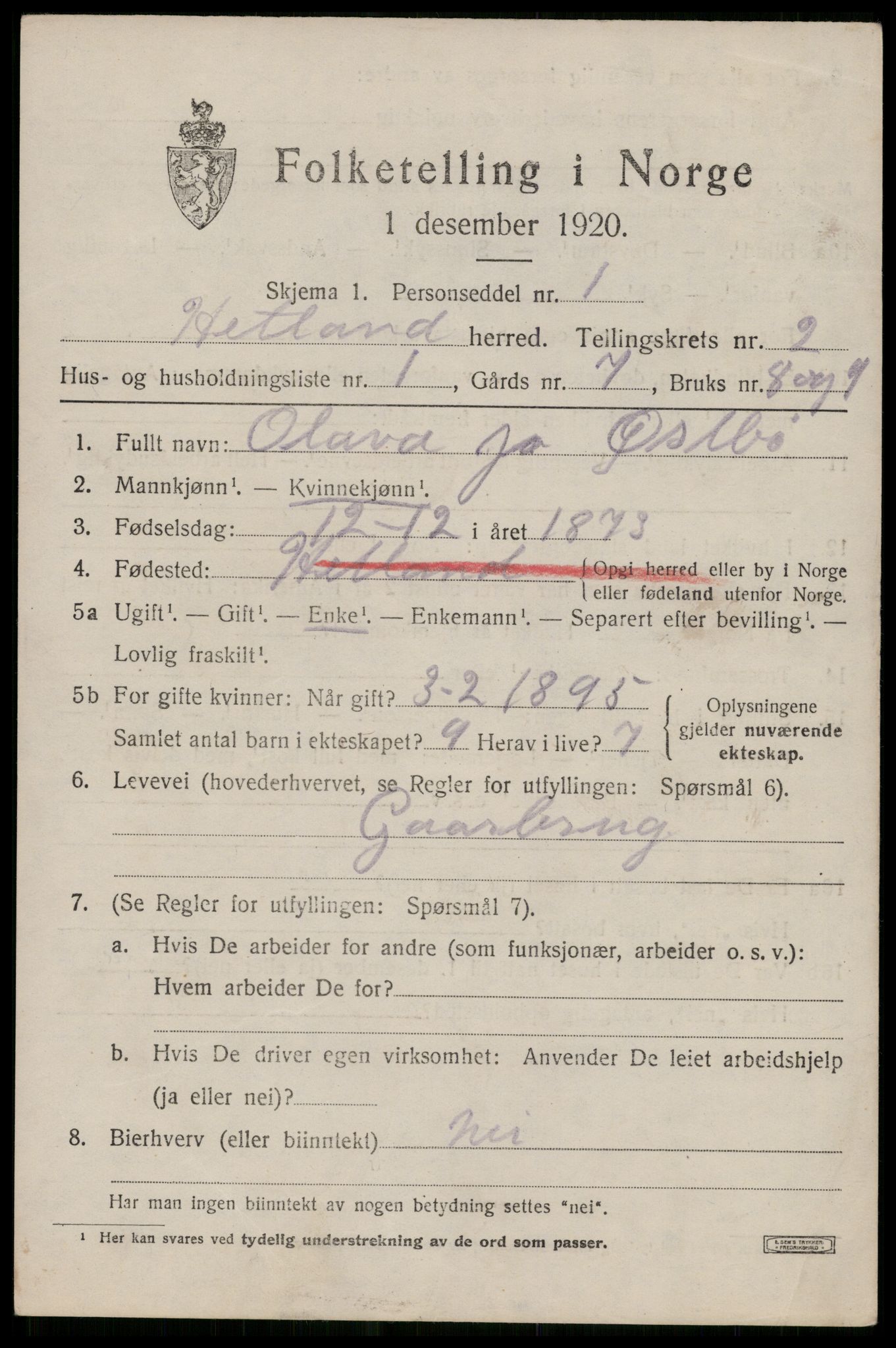 SAST, 1920 census for Hetland, 1920, p. 4005