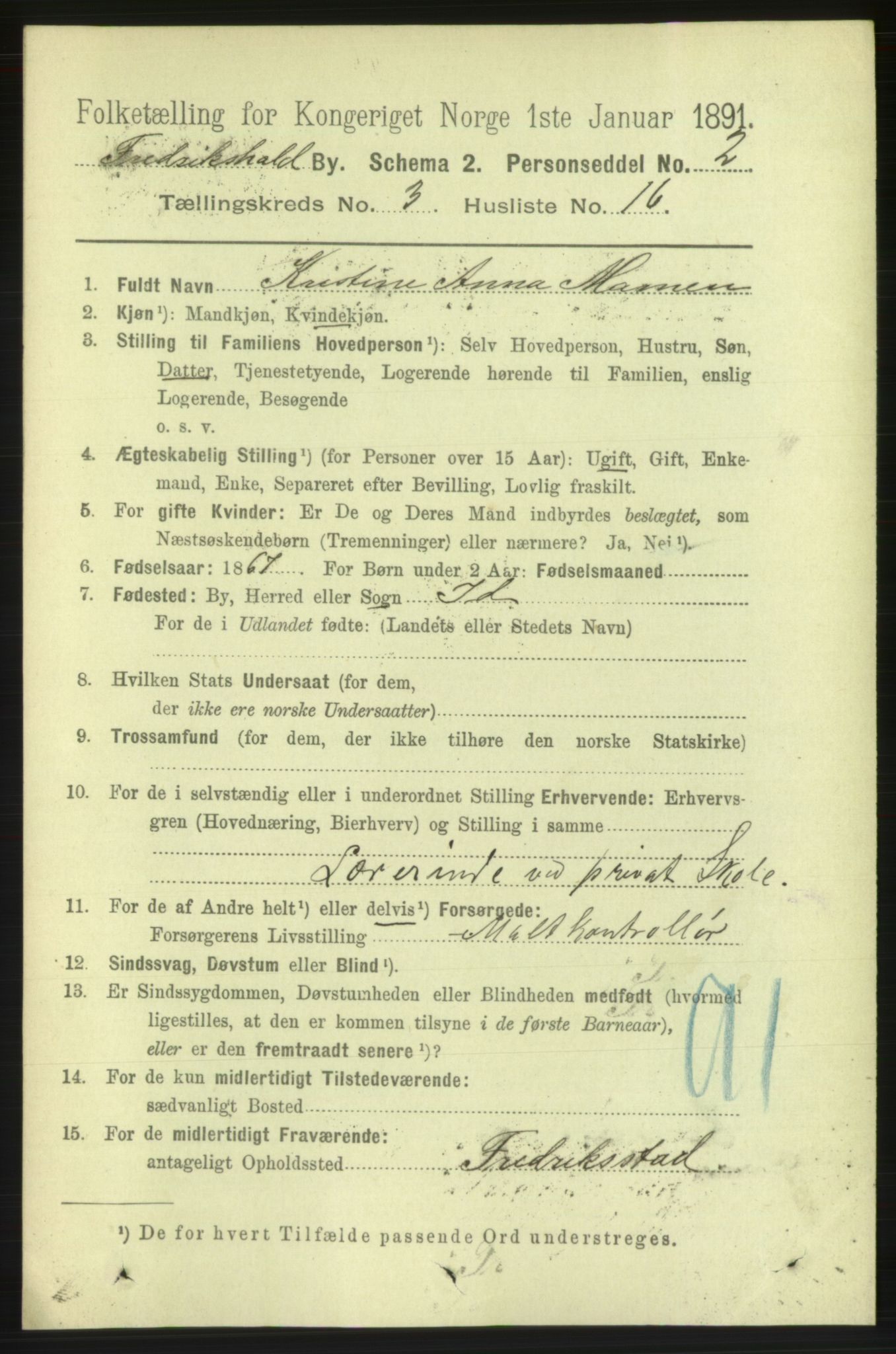 RA, 1891 census for 0101 Fredrikshald, 1891, p. 3420