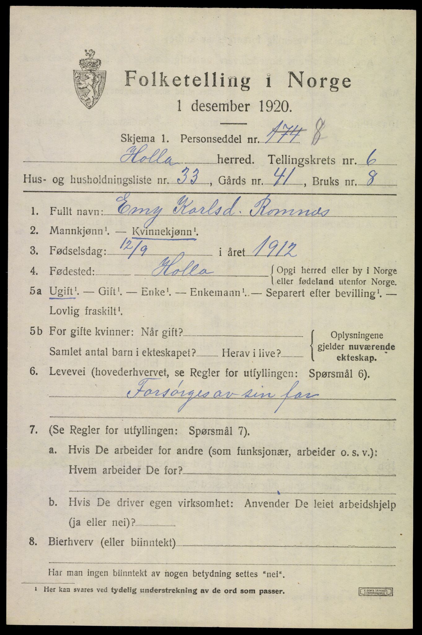 SAKO, 1920 census for Holla, 1920, p. 4755