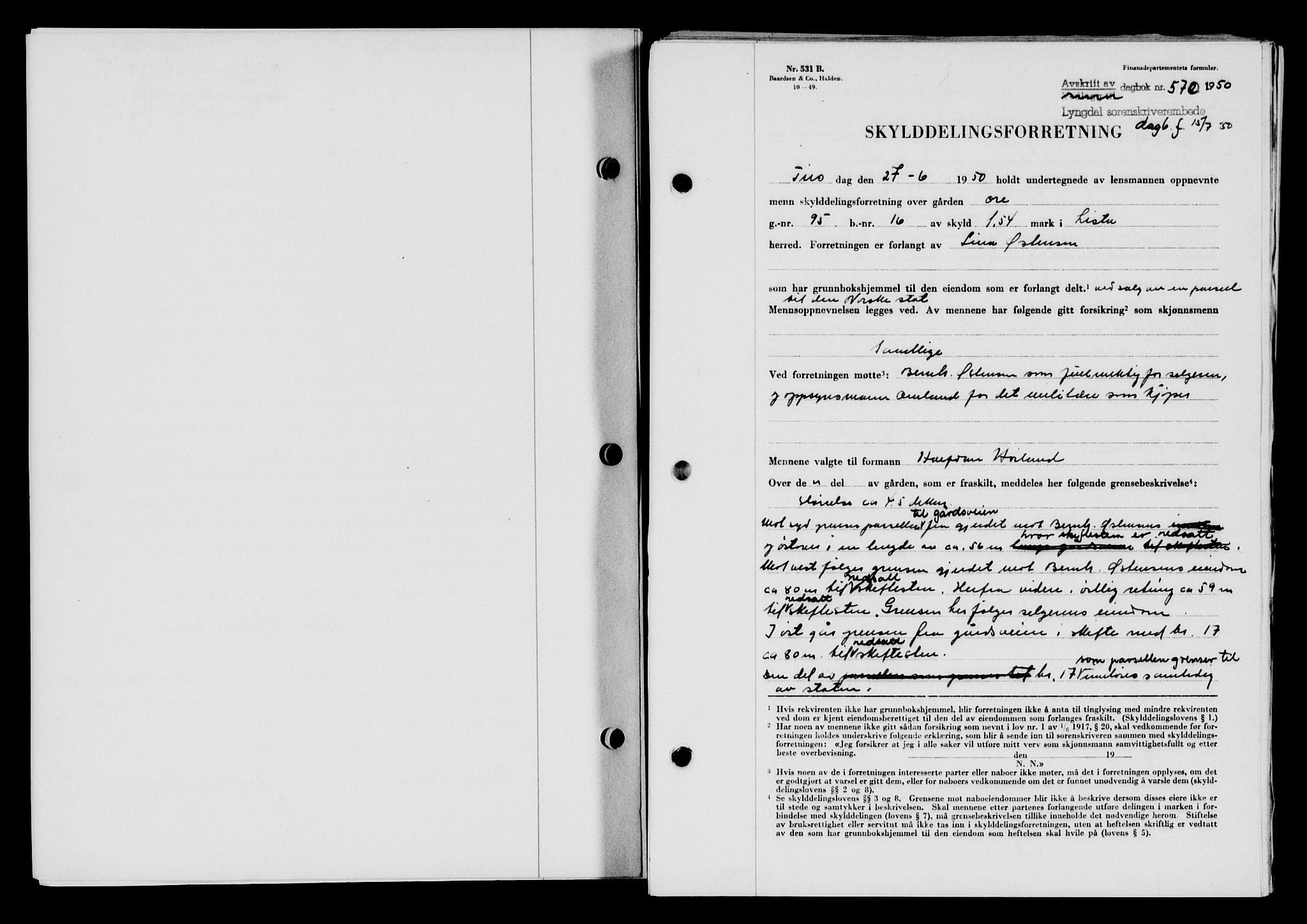 Lyngdal sorenskriveri, AV/SAK-1221-0004/G/Gb/L0665: Mortgage book no. A XI, 1950-1950, Diary no: : 570/1950