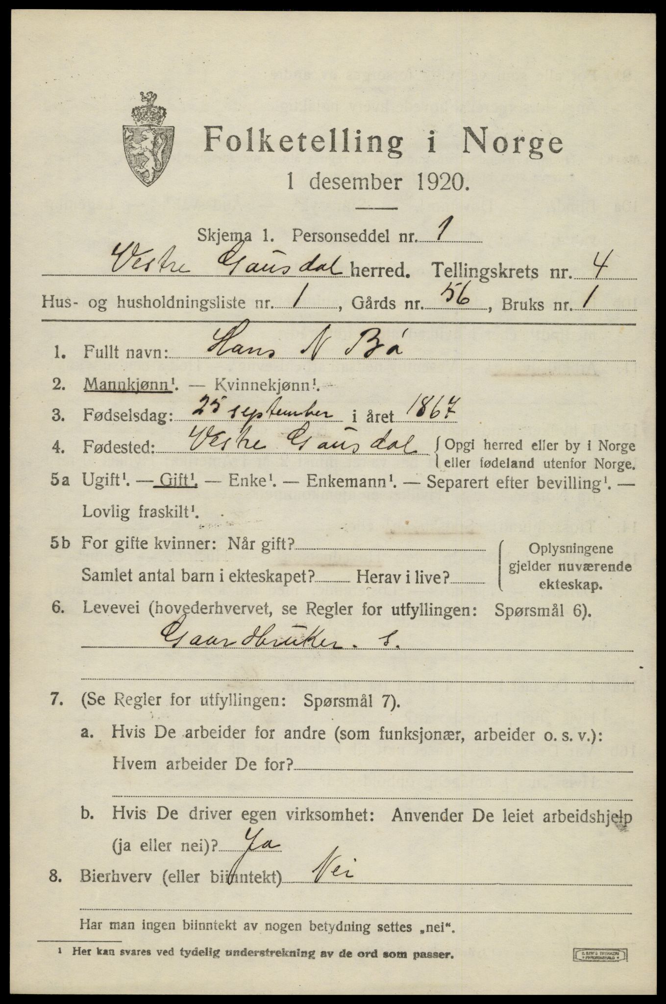 SAH, 1920 census for Vestre Gausdal, 1920, p. 3073