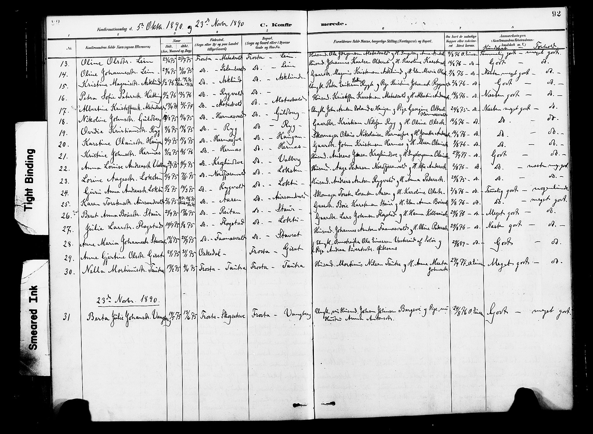 Ministerialprotokoller, klokkerbøker og fødselsregistre - Nord-Trøndelag, SAT/A-1458/713/L0121: Parish register (official) no. 713A10, 1888-1898, p. 92