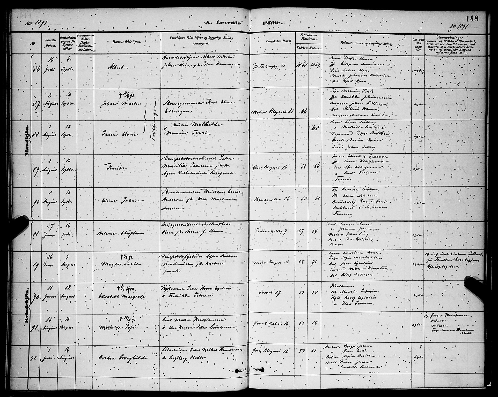 Korskirken sokneprestembete, AV/SAB-A-76101/H/Hab: Parish register (copy) no. B 9, 1887-1896, p. 148