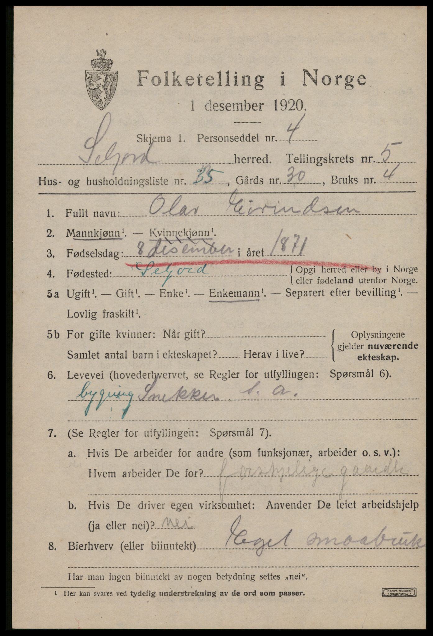 SAKO, 1920 census for Seljord, 1920, p. 2754