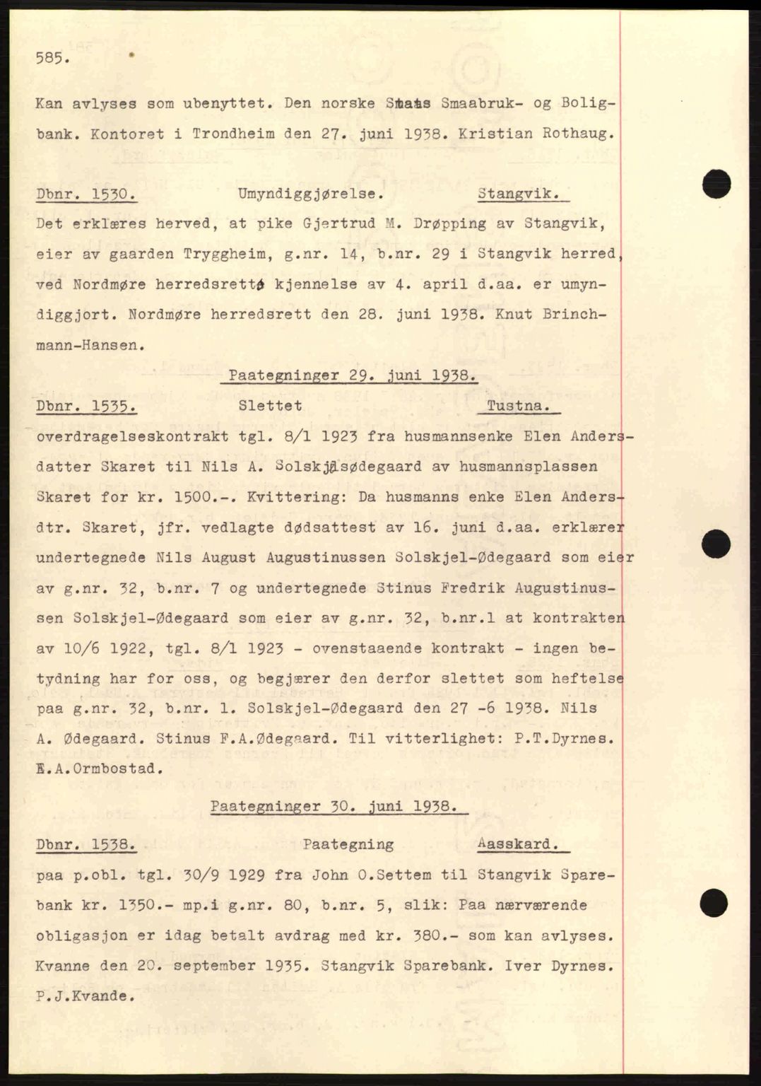 Nordmøre sorenskriveri, AV/SAT-A-4132/1/2/2Ca: Mortgage book no. C80, 1936-1939, Diary no: : 1530/1938