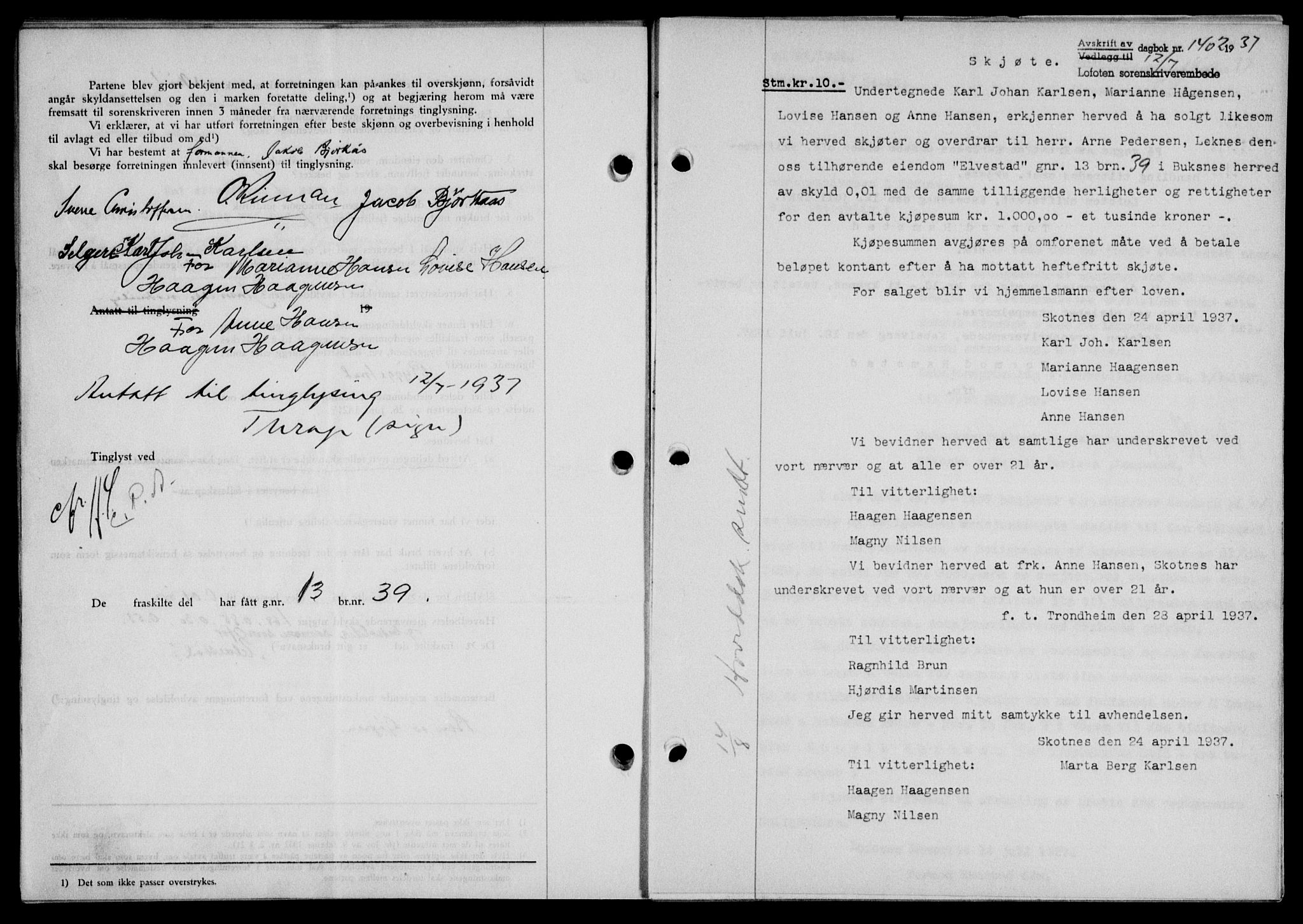 Lofoten sorenskriveri, SAT/A-0017/1/2/2C/L0002a: Mortgage book no. 2a, 1937-1937, Diary no: : 1402/1937