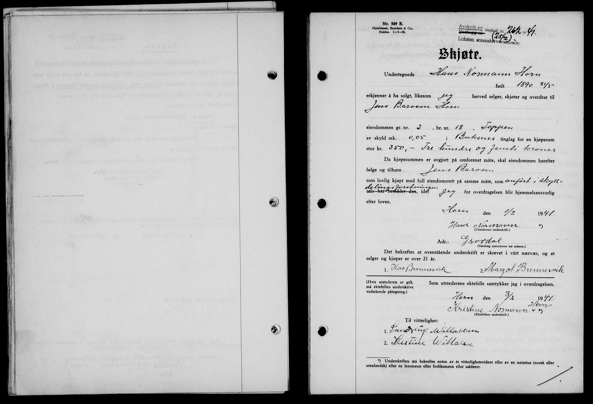 Lofoten sorenskriveri, SAT/A-0017/1/2/2C/L0008a: Mortgage book no. 8a, 1940-1941, Diary no: : 262/1941