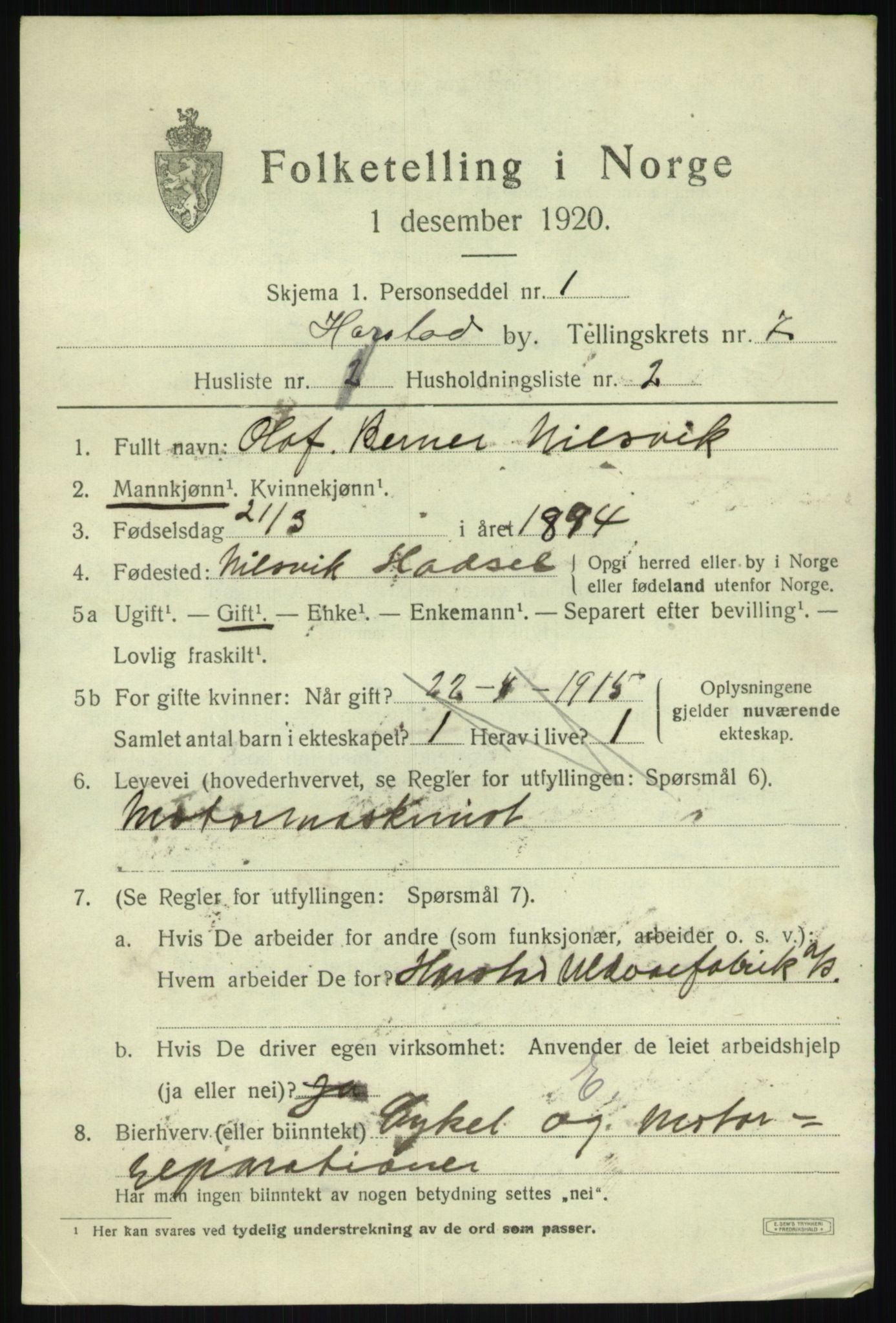 SATØ, 1920 census for Harstad, 1920, p. 8358