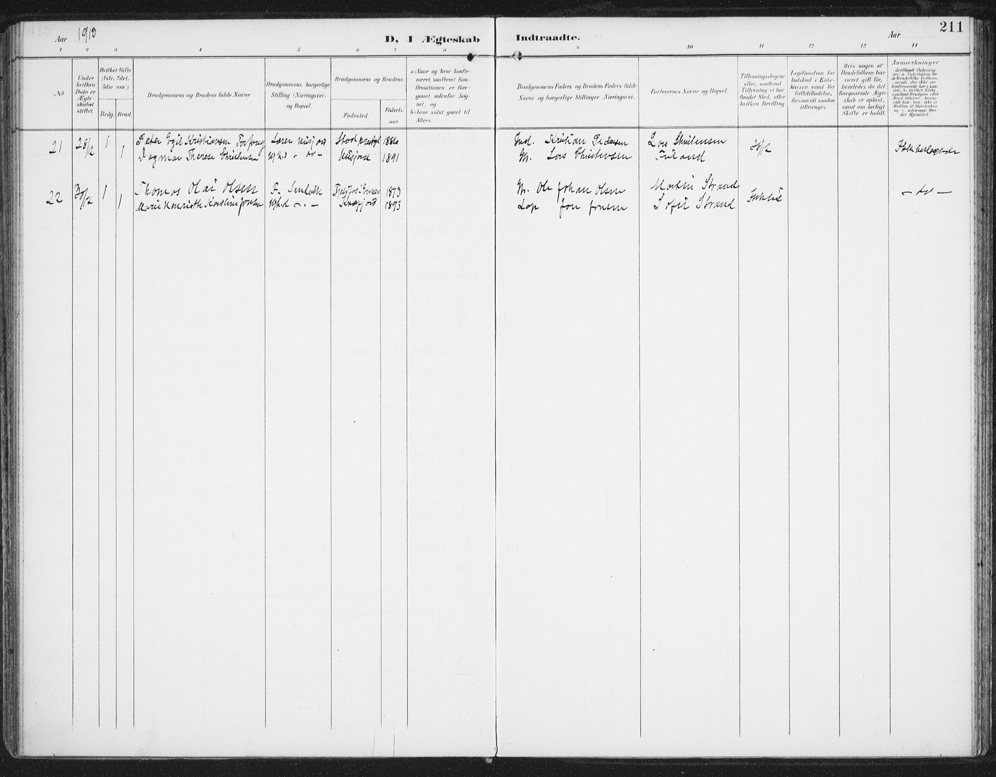 Ministerialprotokoller, klokkerbøker og fødselsregistre - Nordland, AV/SAT-A-1459/872/L1036: Parish register (official) no. 872A11, 1897-1913, p. 211