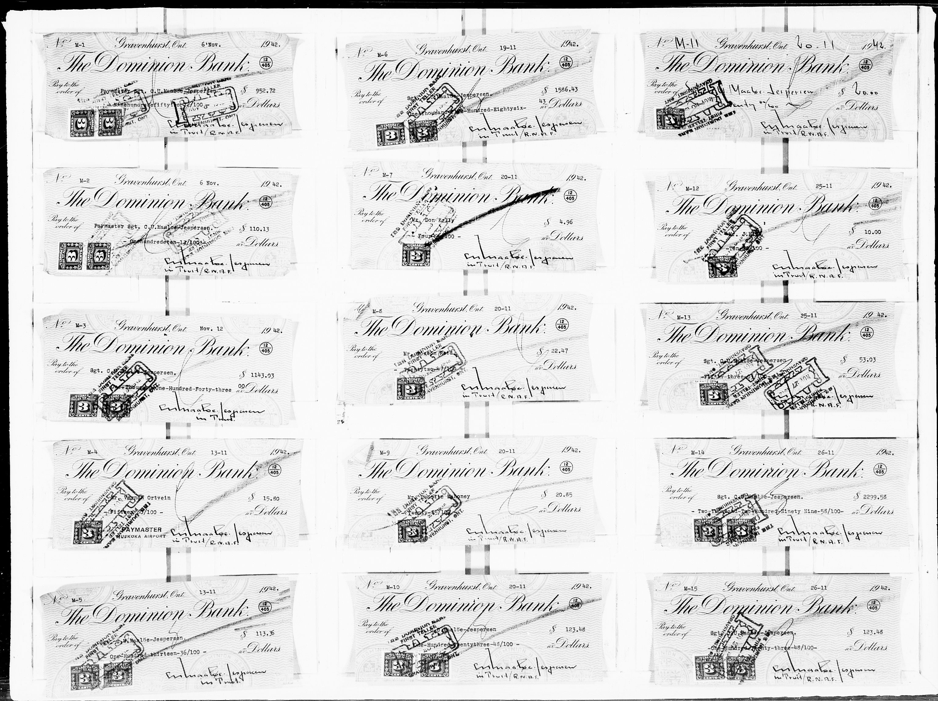 Forsvaret, Flyvåpnenes treningsleir 1940-1945, AV/RA-RAFA-3974/V/L0060: Sjekker.  Trust Account.  Sjekk nr. M-1 til M-4273., 1940-1945