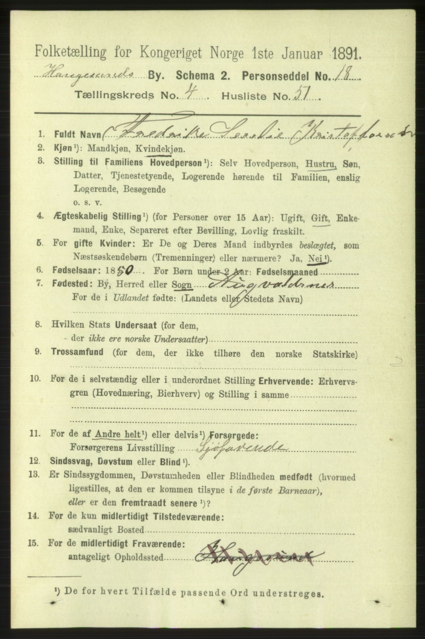 RA, 1891 census for 1106 Haugesund, 1891, p. 1916