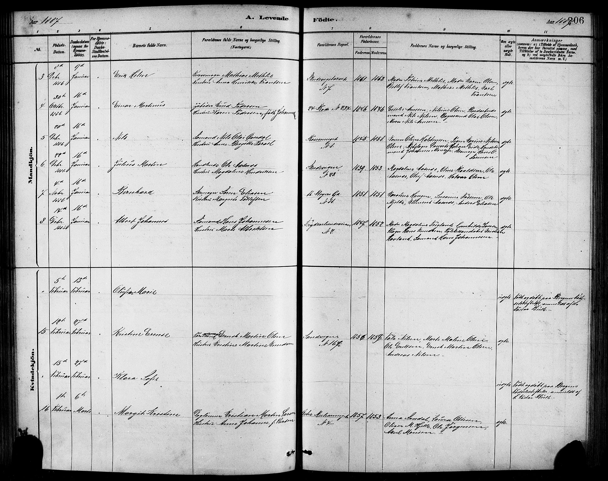 Sandviken Sokneprestembete, SAB/A-77601/H/Hb/L0001: Parish register (copy) no. A 2, 1879-1892, p. 206