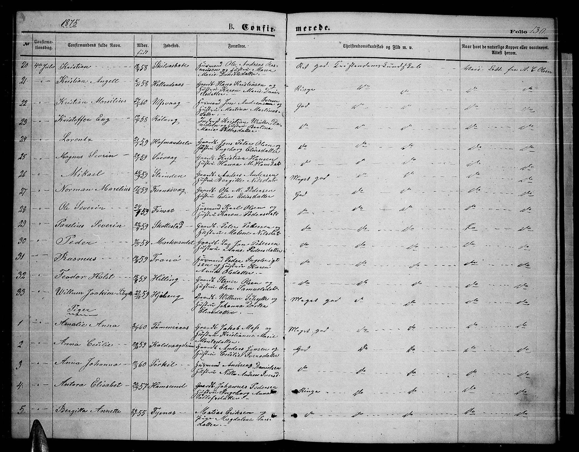 Ministerialprotokoller, klokkerbøker og fødselsregistre - Nordland, SAT/A-1459/859/L0858: Parish register (copy) no. 859C04, 1873-1886, p. 130