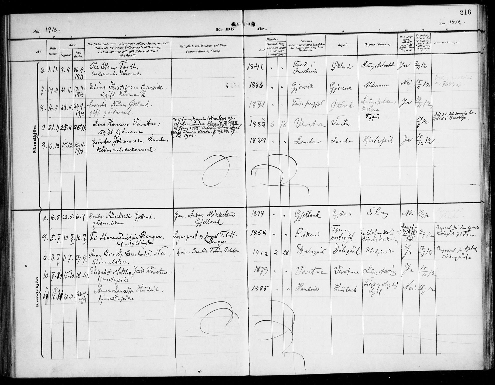 Tysnes sokneprestembete, SAB/A-78601/H/Haa: Parish register (official) no. B 2, 1907-1925, p. 216