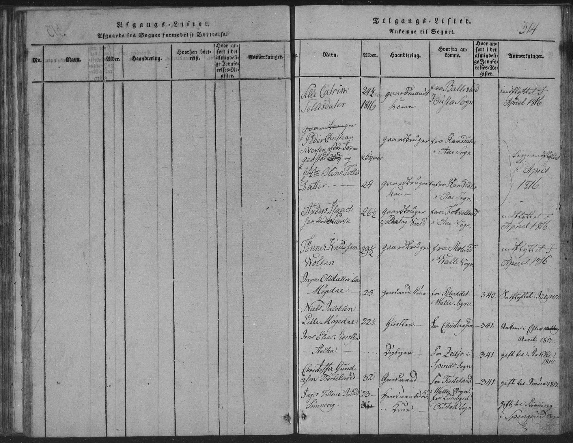 Sør-Audnedal sokneprestkontor, SAK/1111-0039/F/Fb/Fba/L0001: Parish register (copy) no. B 1, 1815-1850, p. 314