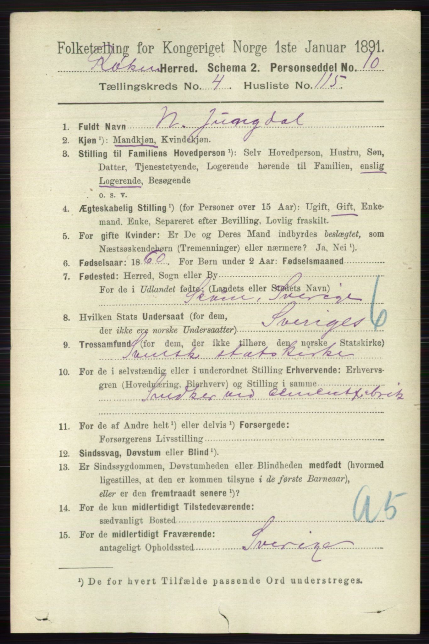 RA, 1891 census for 0627 Røyken, 1891, p. 2754