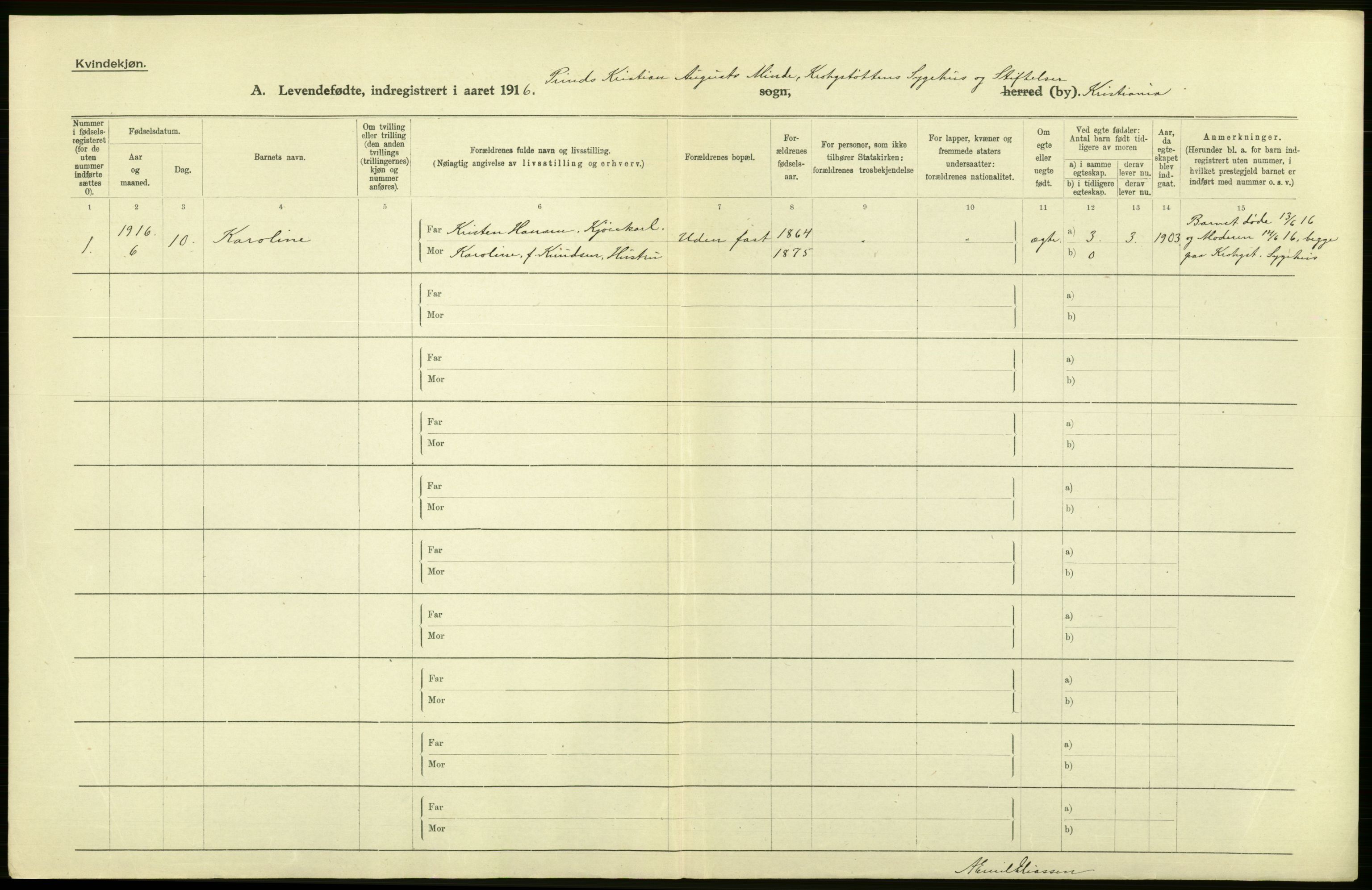 Statistisk sentralbyrå, Sosiodemografiske emner, Befolkning, AV/RA-S-2228/D/Df/Dfb/Dfbf/L0006: Kristiania: Levendefødte menn og kvinner., 1916, p. 640