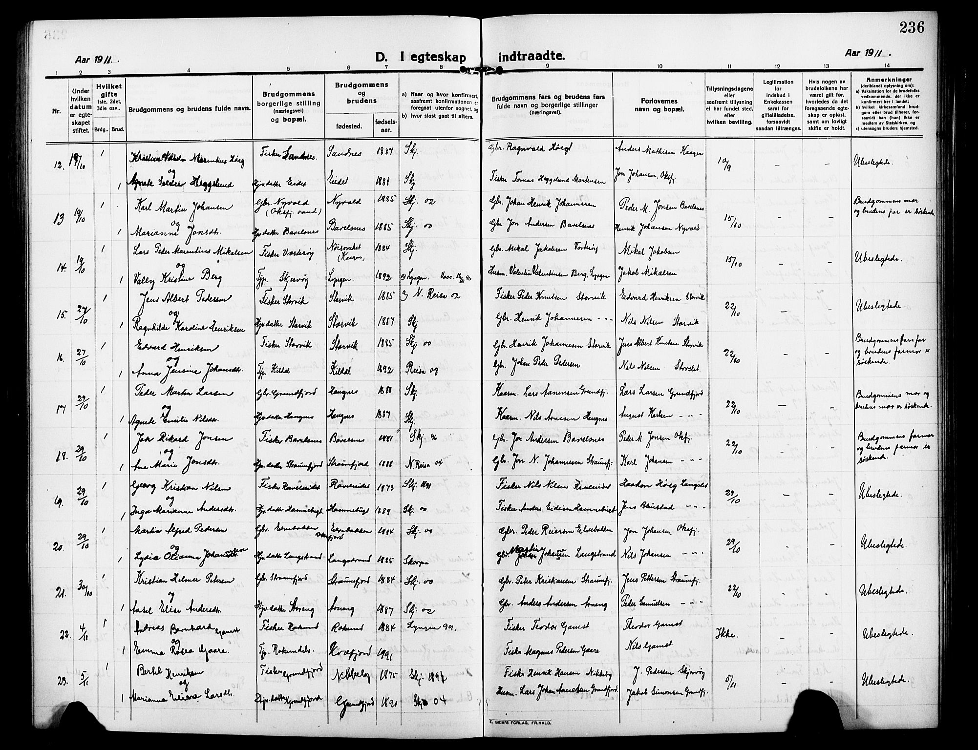 Skjervøy sokneprestkontor, AV/SATØ-S-1300/H/Ha/Hab/L0009klokker: Parish register (copy) no. 9, 1911-1926, p. 236