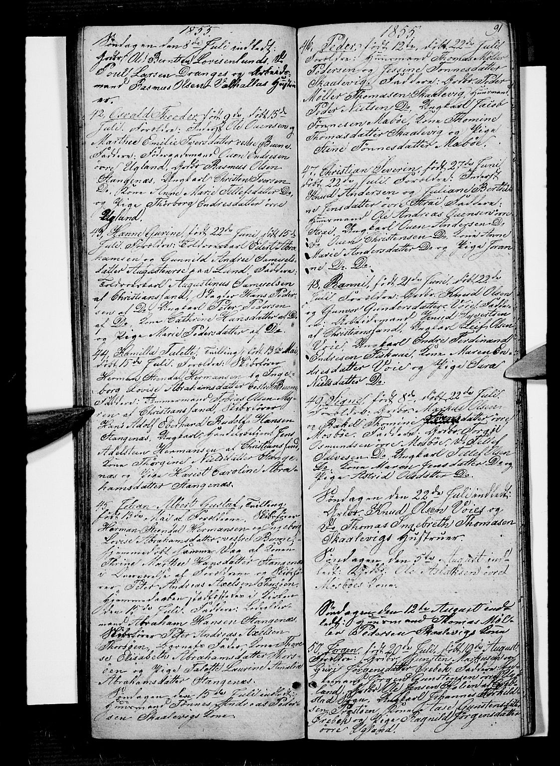 Oddernes sokneprestkontor, SAK/1111-0033/F/Fb/Fba/L0005: Parish register (copy) no. B 5, 1846-1859, p. 91