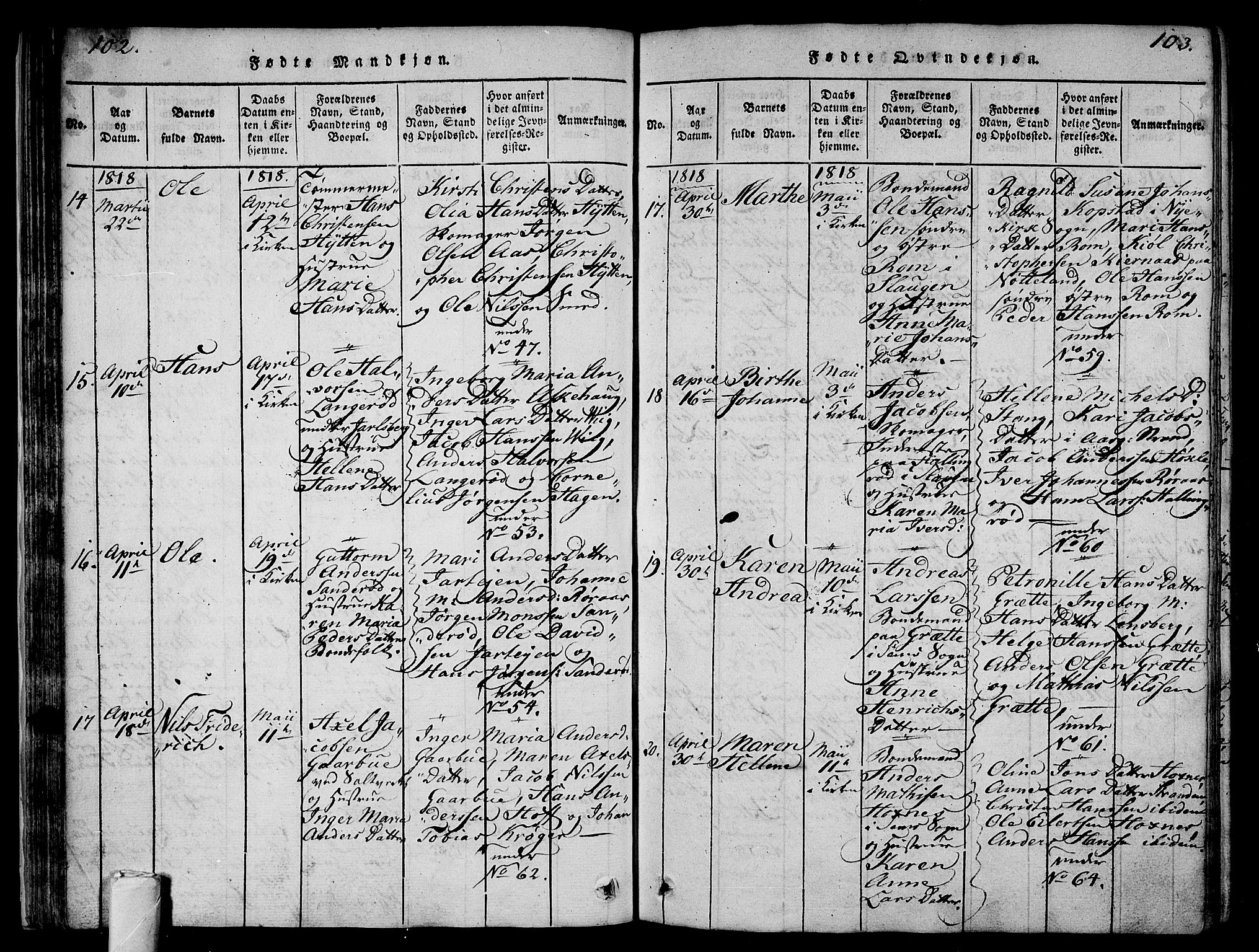 Sem kirkebøker, AV/SAKO-A-5/F/Fa/L0004: Parish register (official) no. I 4, 1814-1825, p. 102-103