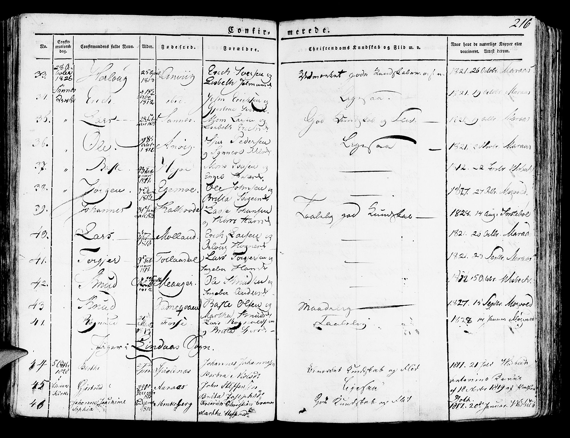 Lindås Sokneprestembete, AV/SAB-A-76701/H/Haa/Haaa/L0008: Parish register (official) no. A 8, 1823-1836, p. 216