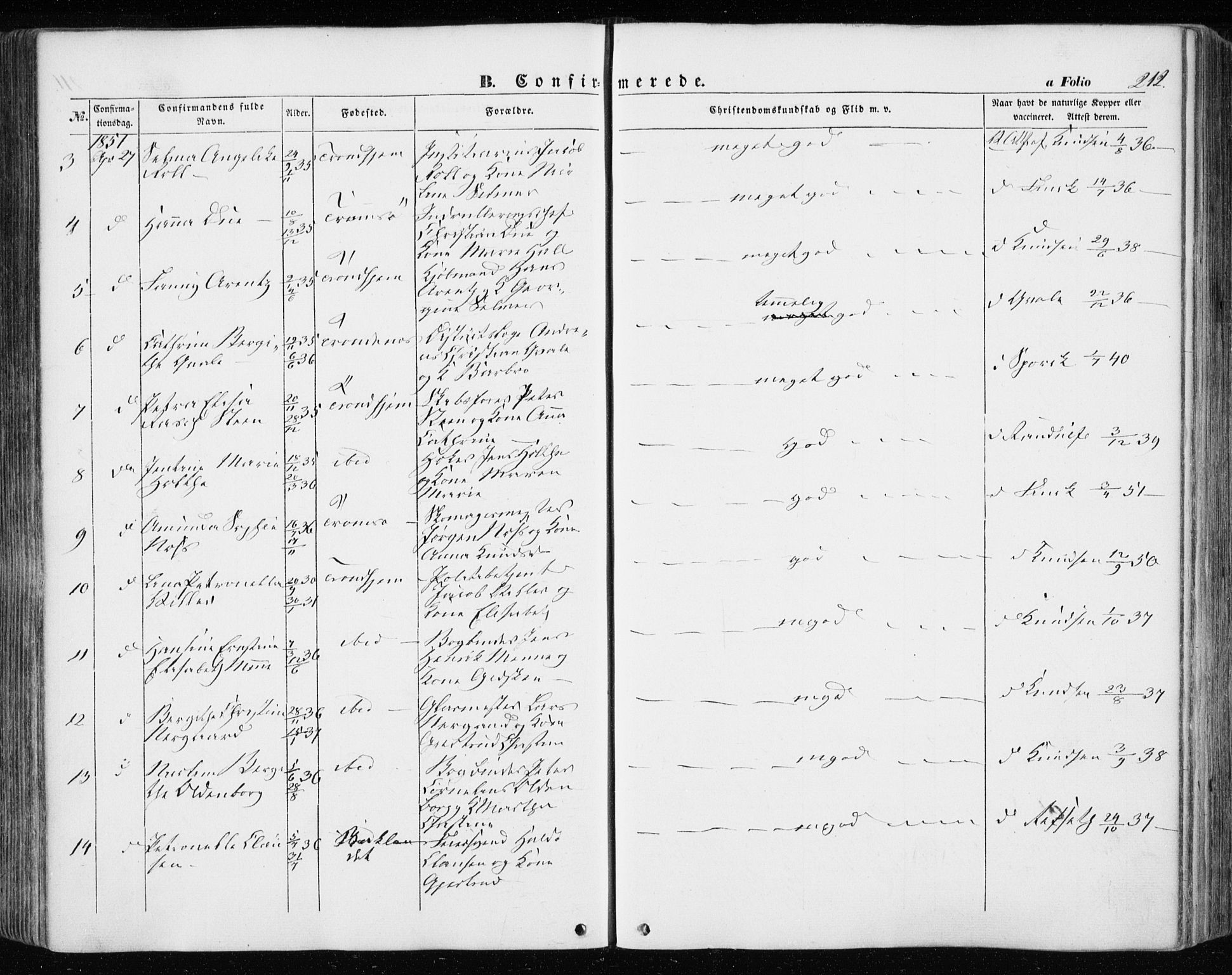 Ministerialprotokoller, klokkerbøker og fødselsregistre - Sør-Trøndelag, AV/SAT-A-1456/601/L0051: Parish register (official) no. 601A19, 1848-1857, p. 212