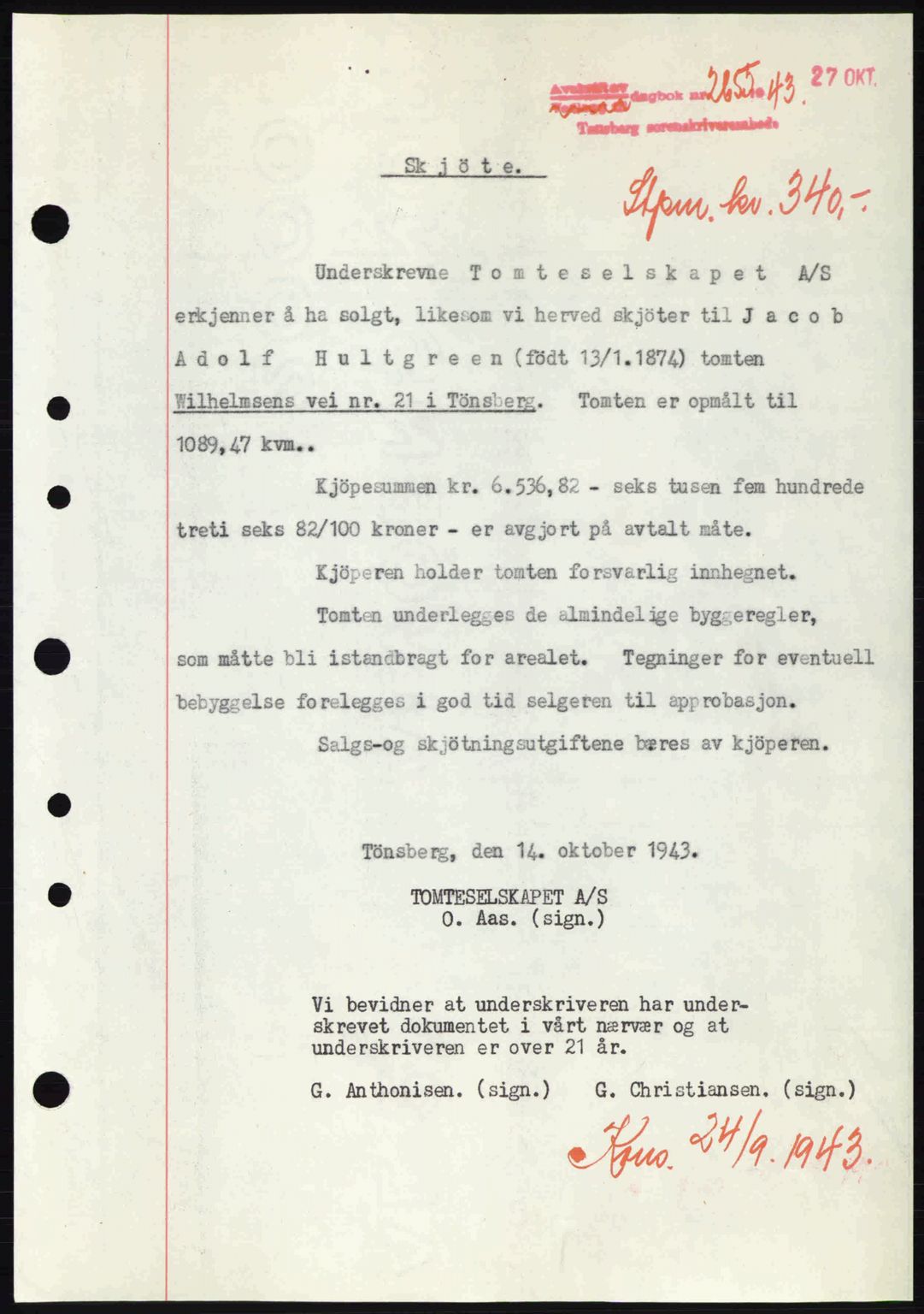 Tønsberg sorenskriveri, AV/SAKO-A-130/G/Ga/Gaa/L0014: Mortgage book no. A14, 1943-1944, Diary no: : 2655/1943