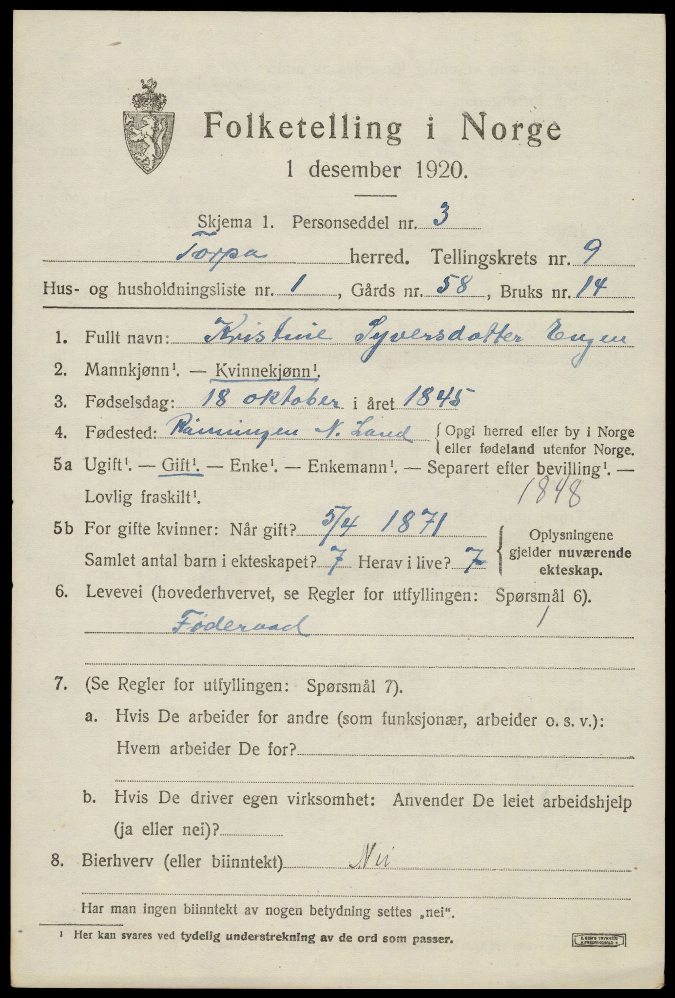 SAH, 1920 census for Torpa, 1920, p. 5235