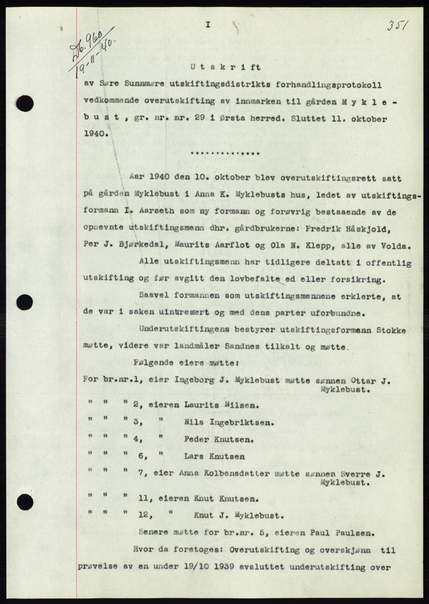 Søre Sunnmøre sorenskriveri, AV/SAT-A-4122/1/2/2C/L0070: Mortgage book no. 64, 1940-1941, Diary no: : 960/1940