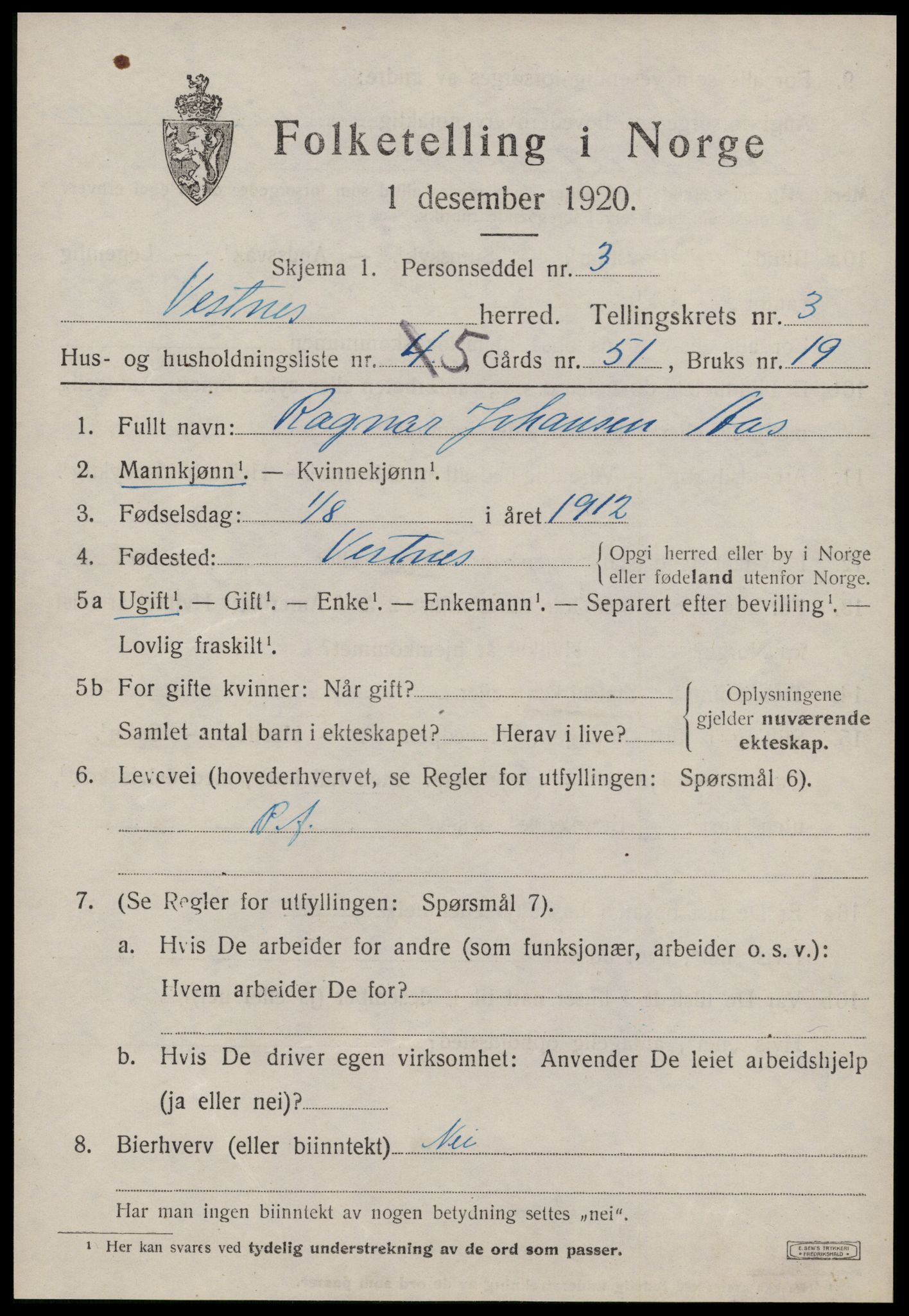 SAT, 1920 census for Vestnes, 1920, p. 2717