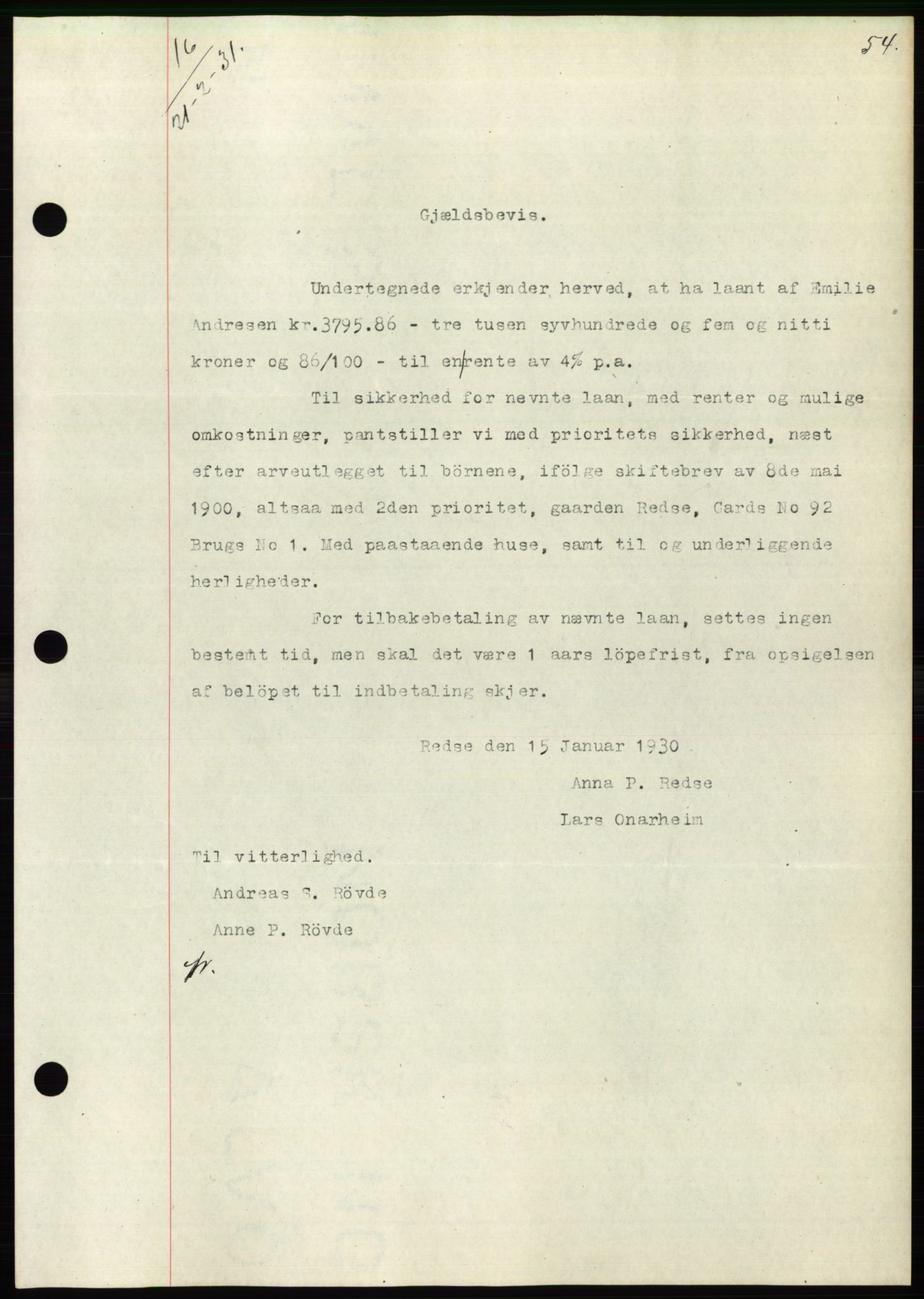 Søre Sunnmøre sorenskriveri, AV/SAT-A-4122/1/2/2C/L0052: Mortgage book no. 46, 1931-1931, Deed date: 21.02.1931