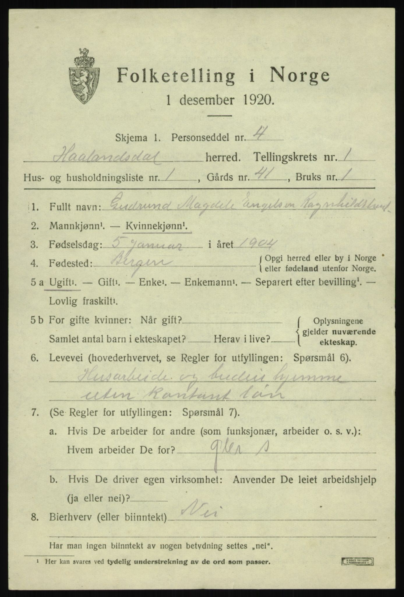 SAB, 1920 census for Hålandsdal, 1920, p. 246