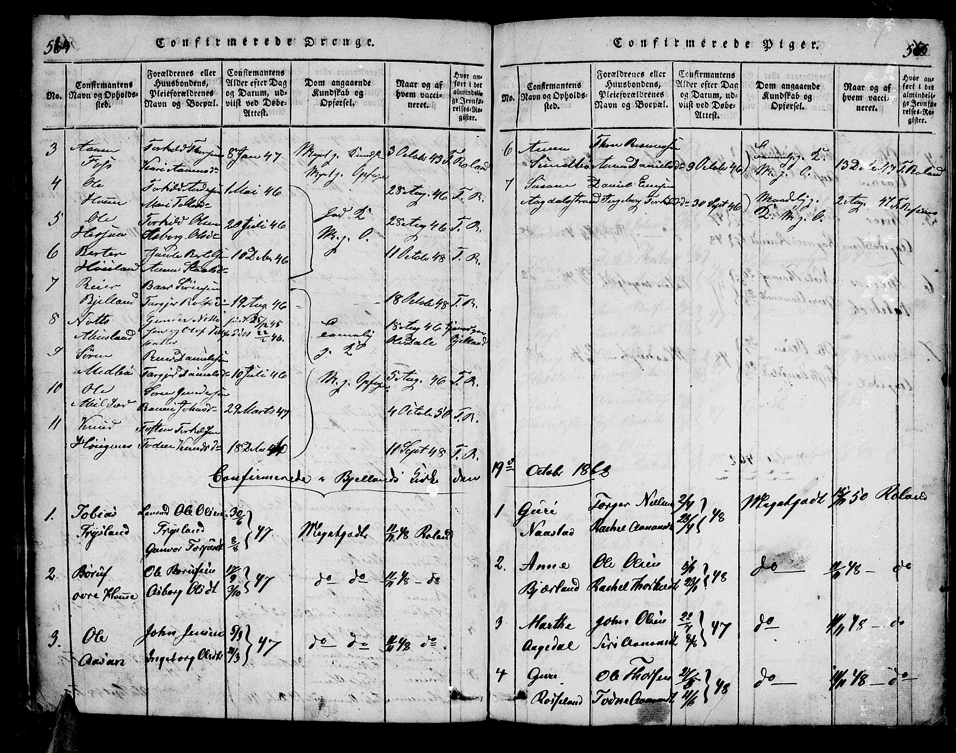 Bjelland sokneprestkontor, SAK/1111-0005/F/Fa/Faa/L0002: Parish register (official) no. A 2, 1816-1866, p. 564-565