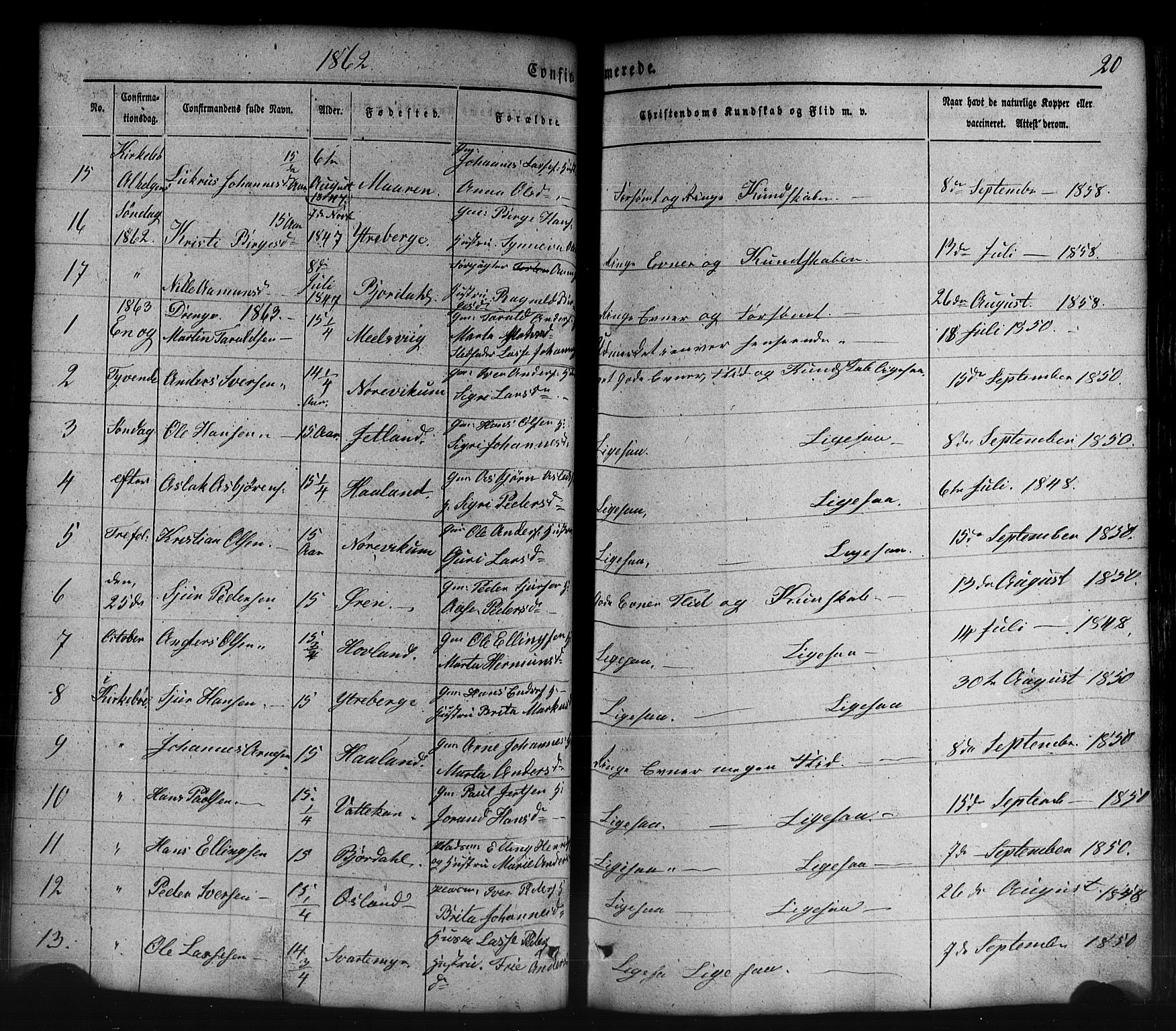 Lavik sokneprestembete, AV/SAB-A-80901: Parish register (copy) no. B 1, 1854-1881, p. 20