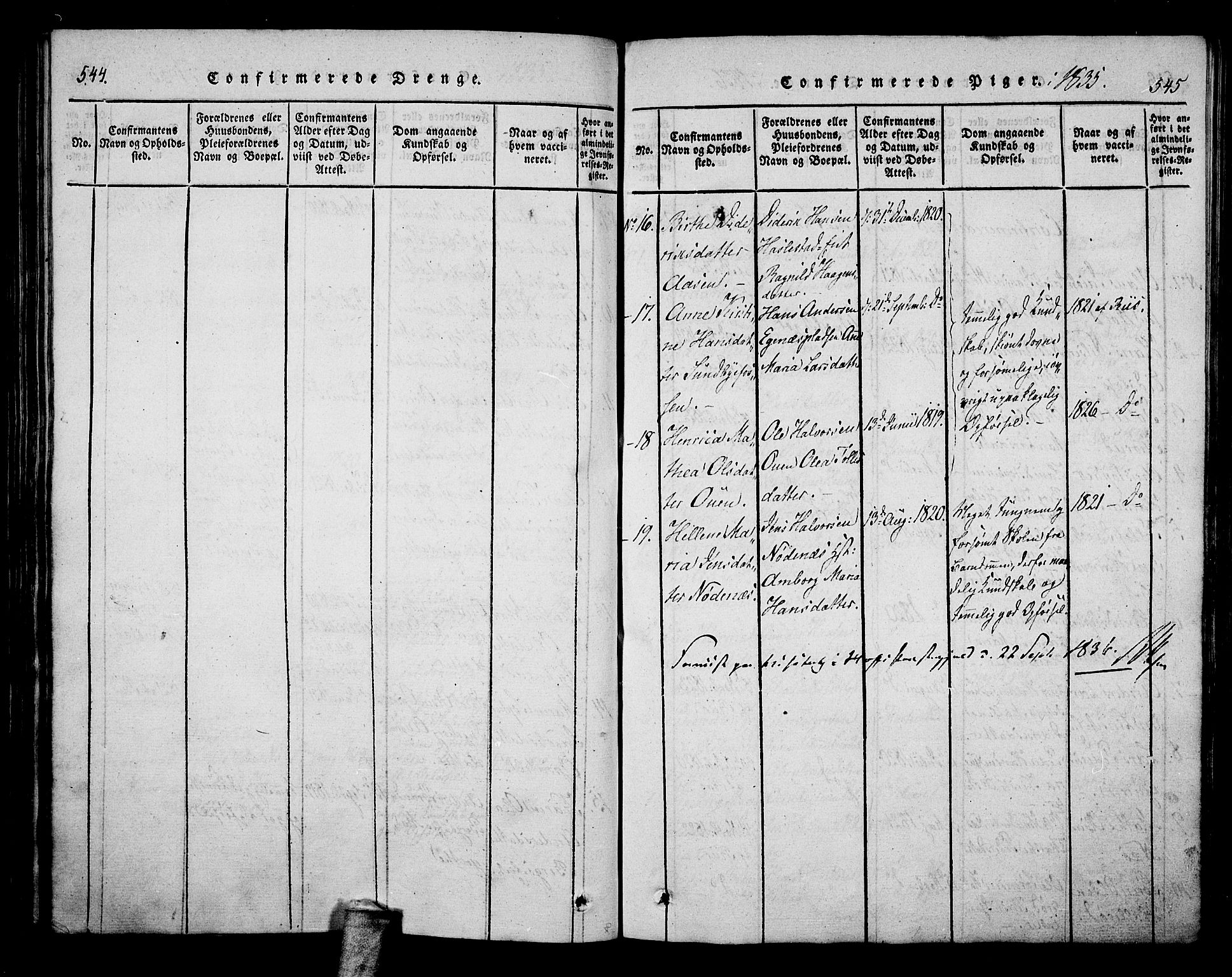 Hof kirkebøker, AV/SAKO-A-64/F/Fa/L0004: Parish register (official) no. I 4, 1814-1843, p. 544-545