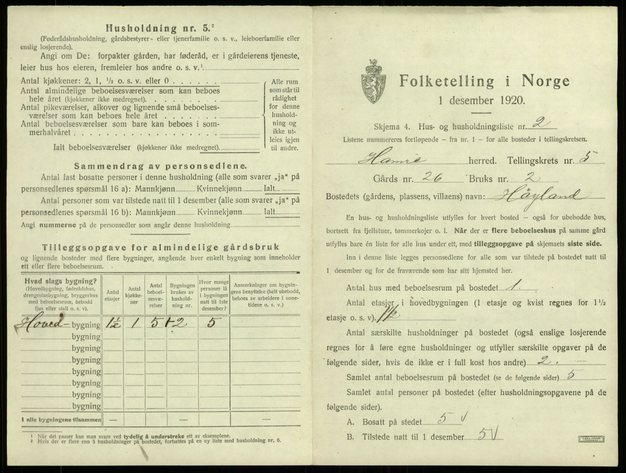 SAB, 1920 census for Hamre, 1920, p. 410